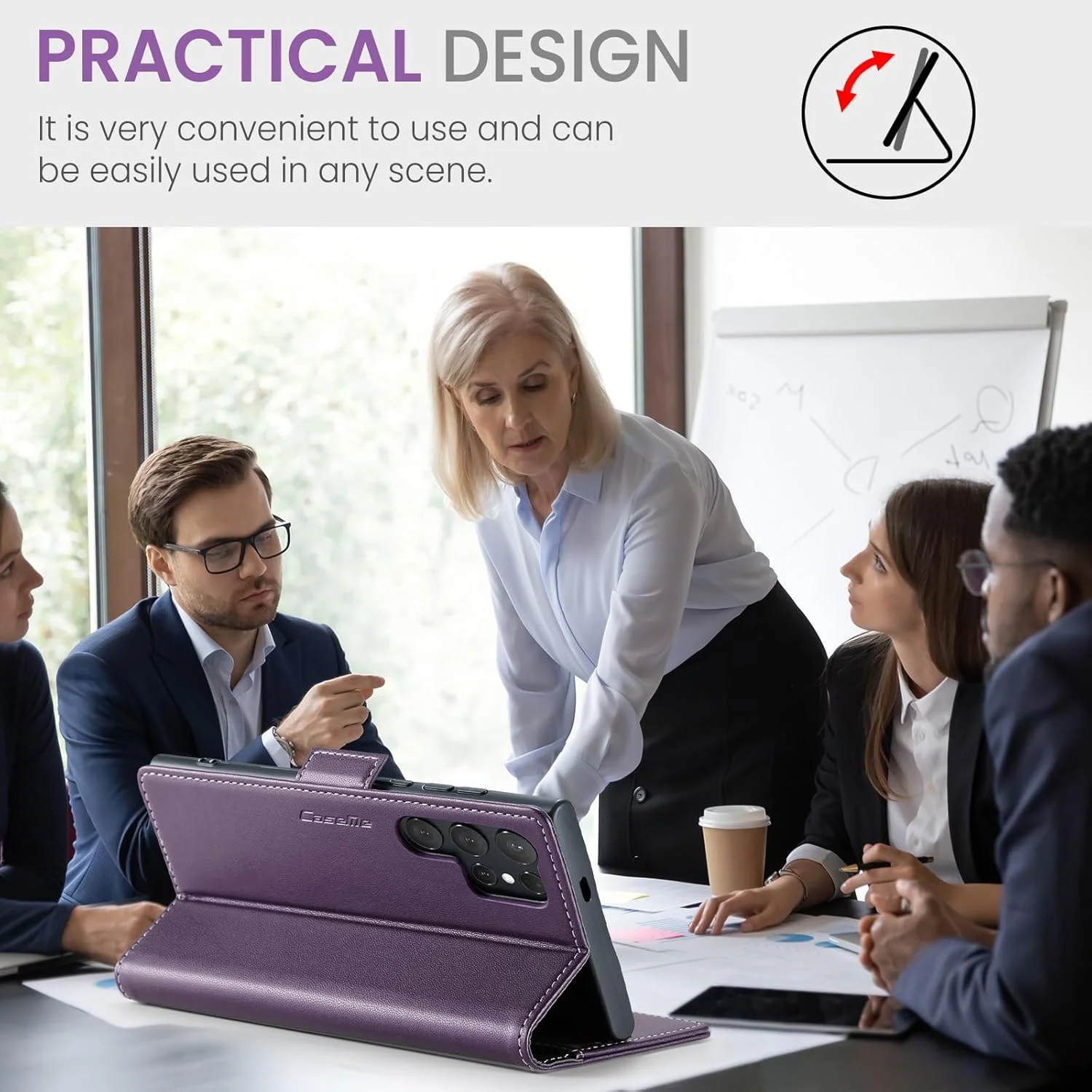 کیف پول چرمی محافظ گوشی سامسونگ گلکسی S22 Ultra، دارای جای کارت مسدود کننده RFID و پایه تاشو (بنفش، S22 Ultra)