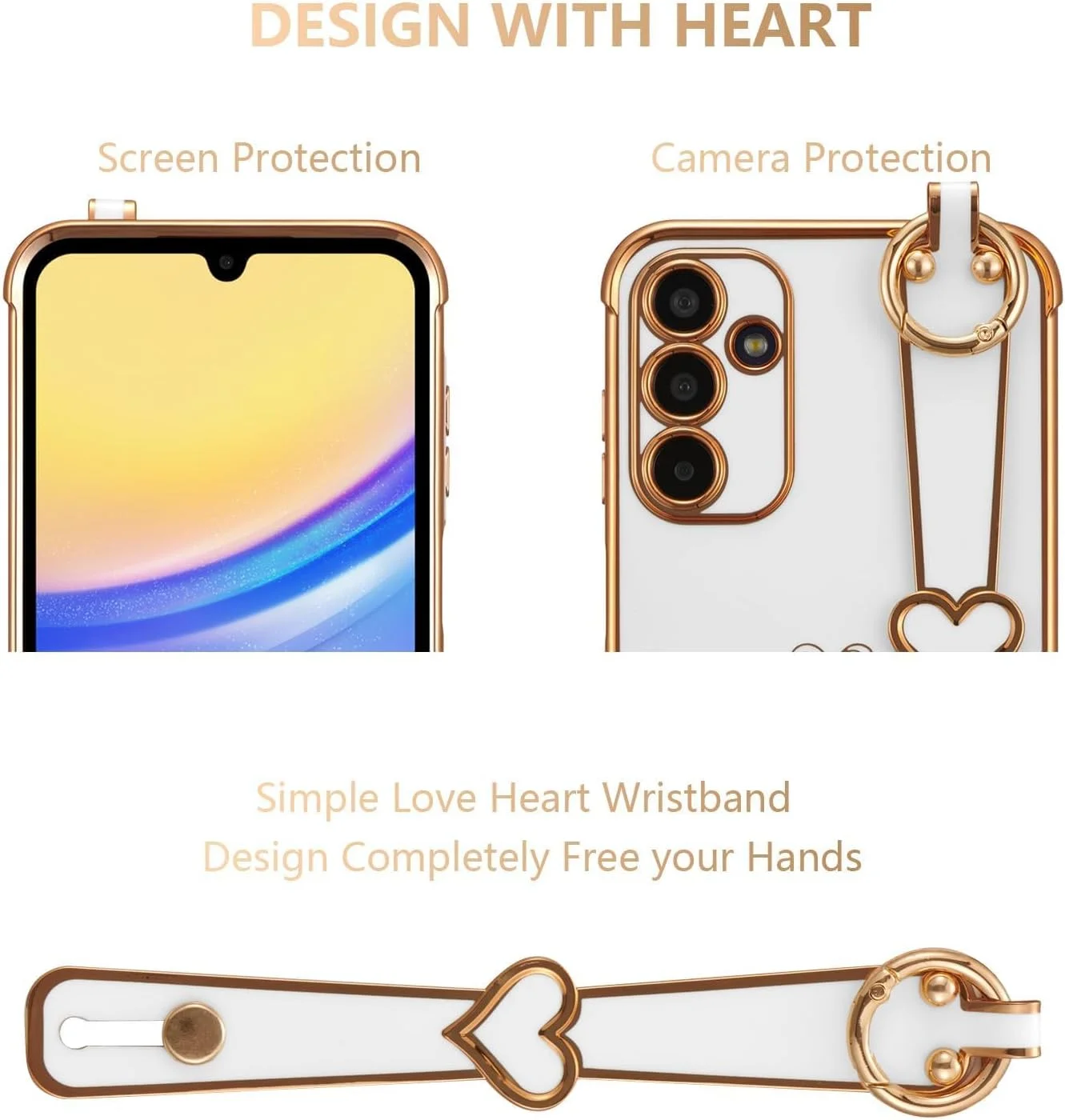 قاب محافظ گوشی سامسونگ گلکسی A55، بند مچی، لبه آبکاری شده لوکس، طرح قلب، نرم و ضد ضربه، سفید