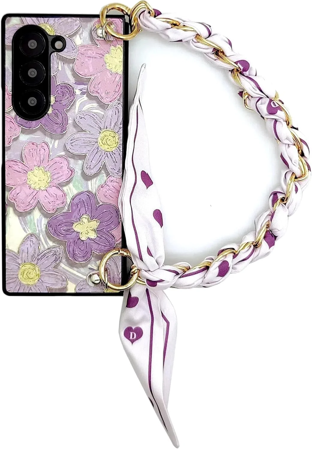 قاب محافظ گوشی سامسونگ گلکسی زد فولد 6، باریک، سخت، ضد ضربه، با زنجیر مچی و آویز روسری (شکوفه بنفش)