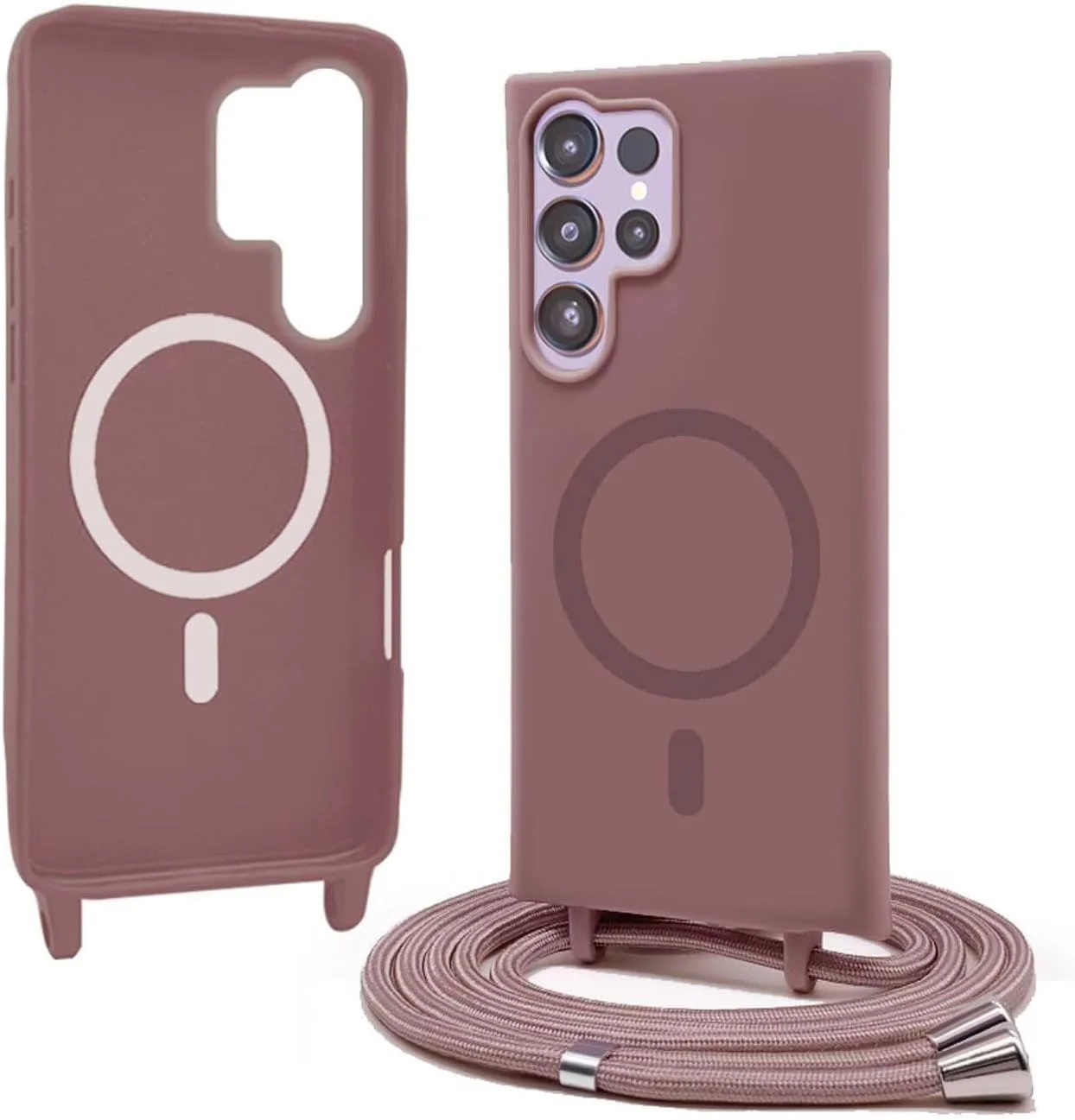 قاب آهنربایی Bigcousin برای سامسونگ گلکسی S23 Ultra با بند، [سازگار با MagSafe]، سیلیکونی با قاب گردنبندی پوشش قابل حمل، قاب بند گردنبند قابل تنظیم، رزگلد
