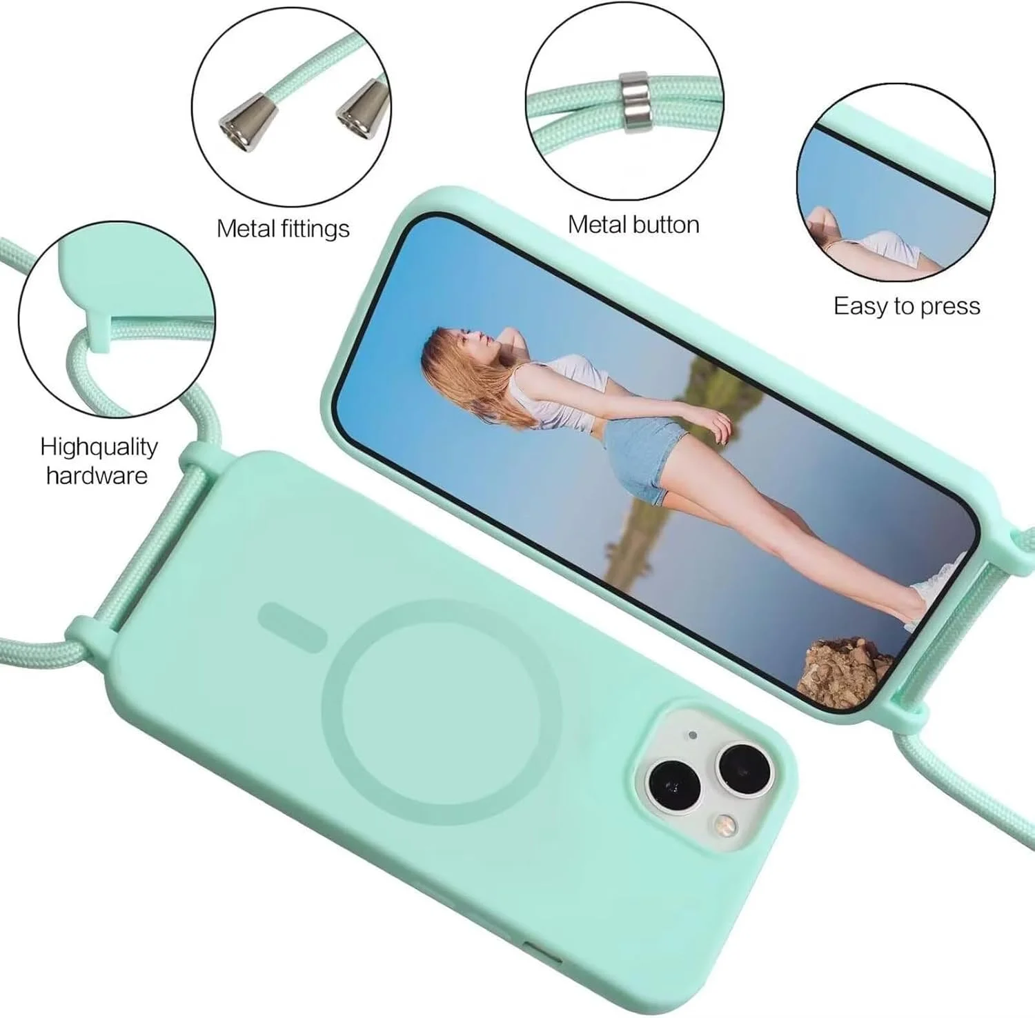 قاب آهنربایی Bigcousin برای سامسونگ گلکسی S23 Ultra با بند، [سازگار با MagSafe]، سیلیکونی با قاب گردنبندی پوشش قابل حمل، قاب بند گردنبند قابل تنظیم، رزگلد