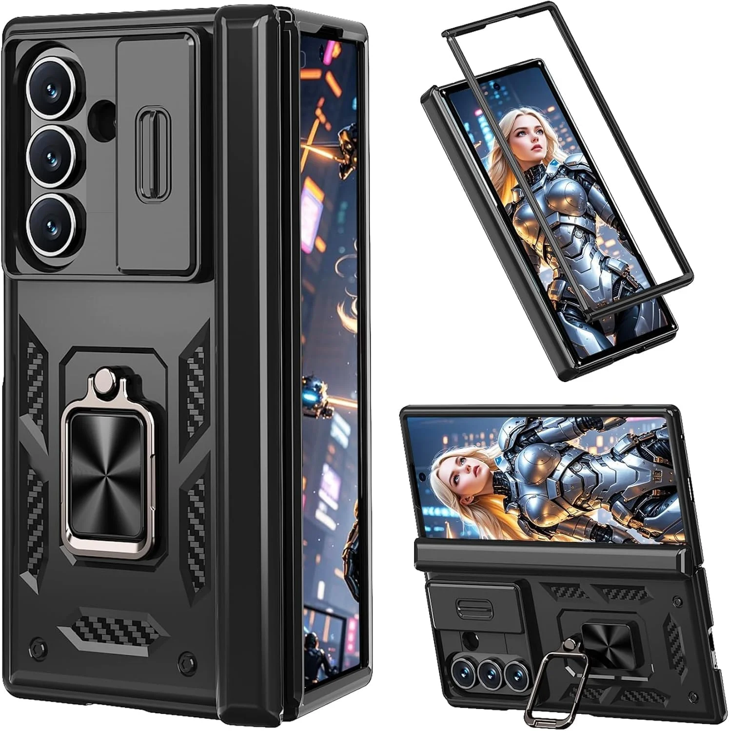 قاب محافظ گوشی سامسونگ گلکسی زد فولد 7، Azonee با محافظ لولا، پوشش کشویی دوربین، حلقه مغناطیسی استند، قاب محافظ سخت ضد ضربه برای زد فولد 7 (مشکی)