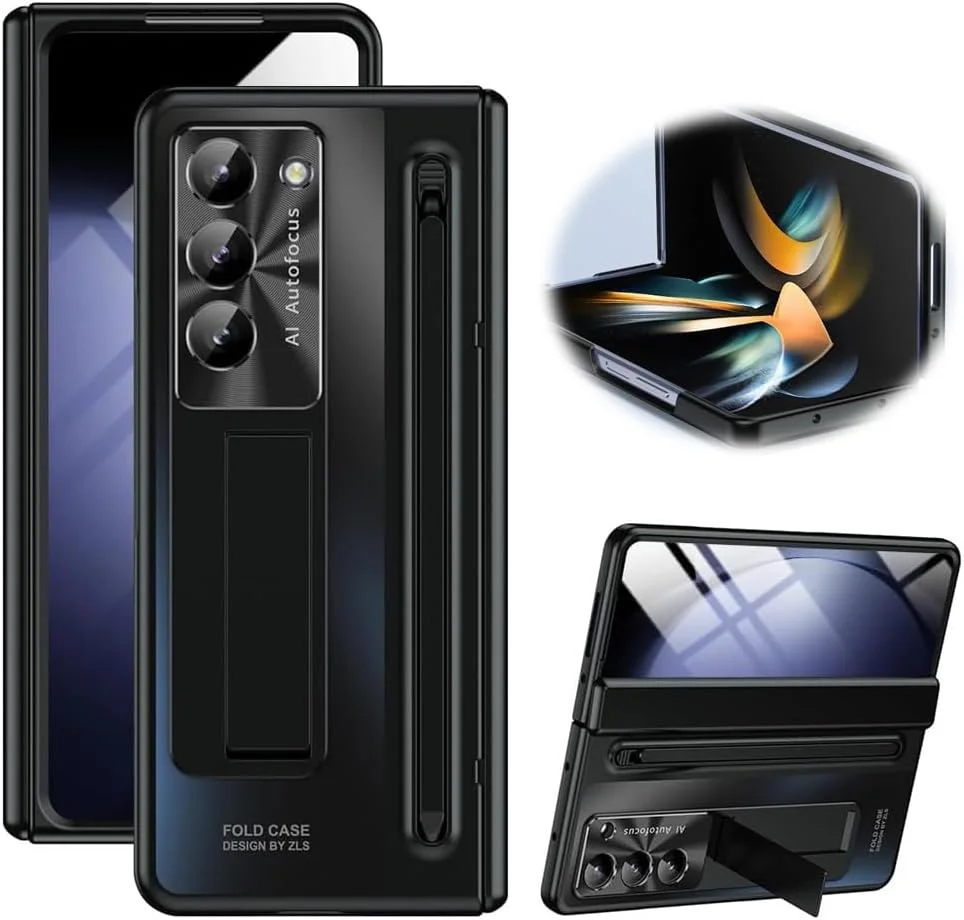 کیف باریک آزونه مناسب برای زد فولد 6، محافظ صفحه نمایش شیشه ای حرارت دیده با پایه و محافظ لولا، ضد ضربه، با طراحی لوکس، مشکی