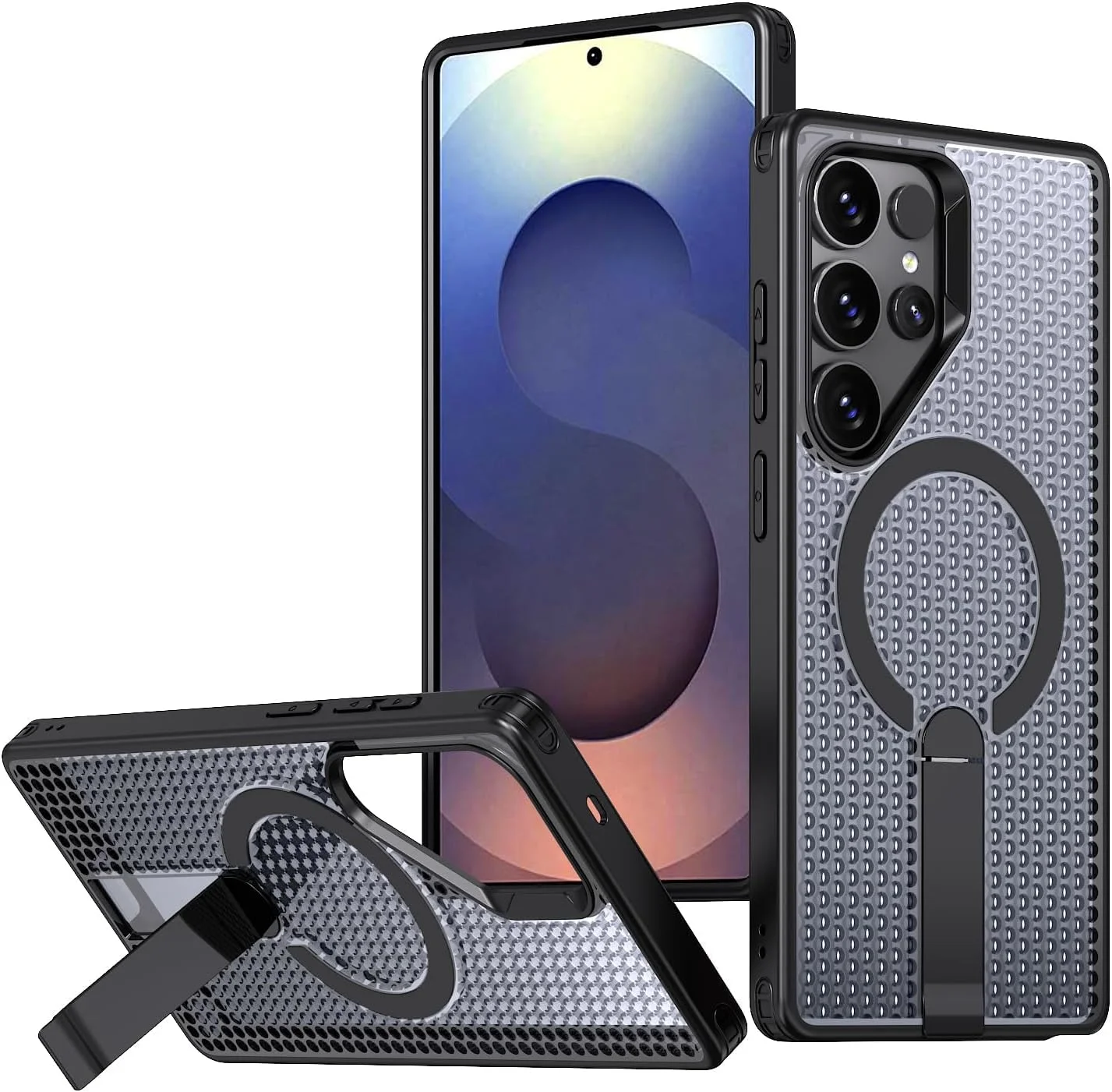 کاور گوشی سامسونگ گلکسی S25 Ultra - کاور باریک ضد ضربه مات، خنک کننده توری سه بعدی | سازگار با شارژ بی سیم و دارای پایه نگهدارنده | طراحی مشکی نیمه شفاف