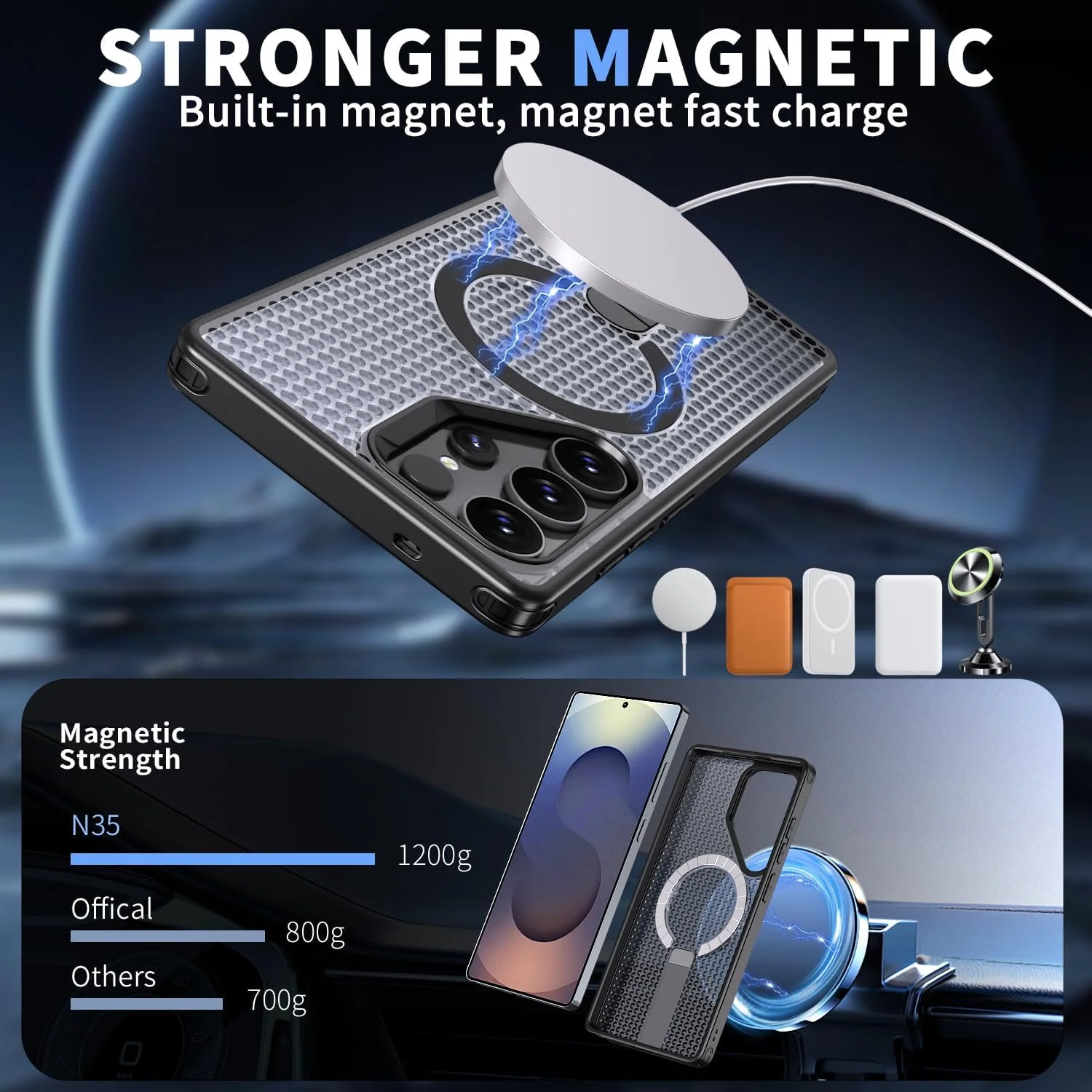 کاور گوشی سامسونگ گلکسی S25 Ultra - کاور باریک ضد ضربه مات، خنک کننده توری سه بعدی | سازگار با شارژ بی سیم و دارای پایه نگهدارنده | طراحی مشکی نیمه شفاف