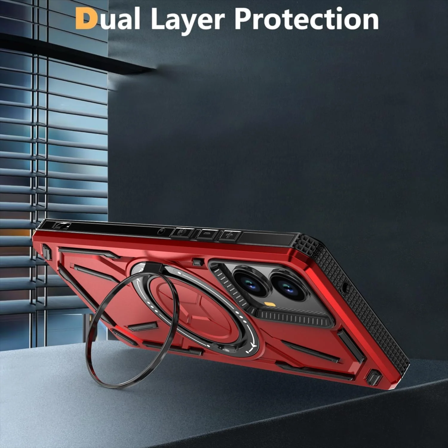کاور محافظ گوشی سامسونگ گلکسی A06 5G به همراه محافظ صفحه نمایش شیشه ای و استند انگشتی حلقه ای فلزی، ضد ضربه و مقاوم - قرمز کاور محافظ گوشی سامسونگ گلکسی A06 5G به همراه محافظ صفحه نمایش شیشه ای و استند انگشتی حلقه ای فلزی، ضد ضربه و مقاوم - قرمز