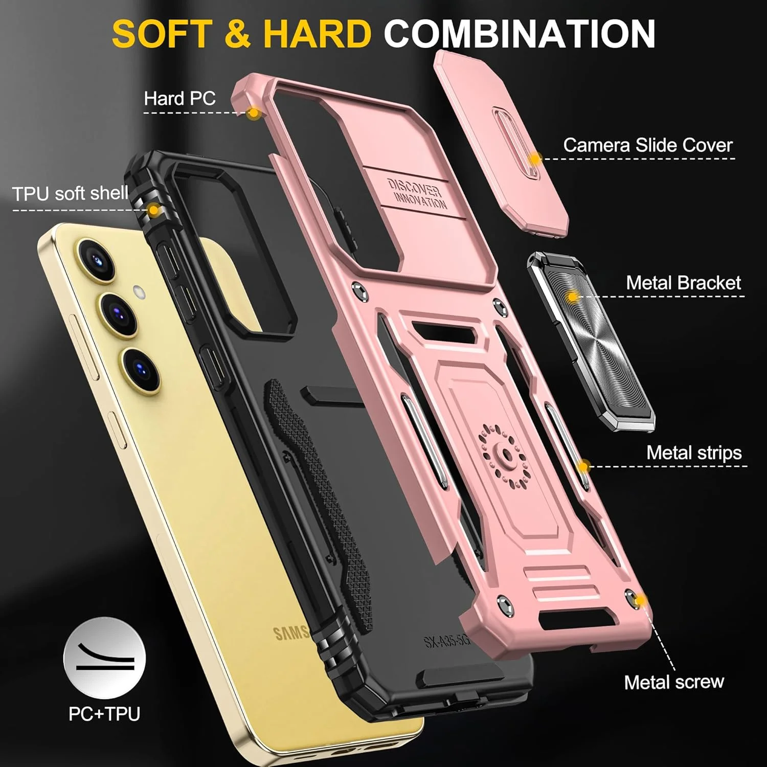 کاور کشویی دوربین برای گوشی سامسونگ گلکسی A35 5G/A55 5G، پایه تاشو با حلقه مغناطیسی چرخان 360 درجه، کاور محافظ ضد ضربه، رزگلد کاور کشویی دوربین برای گوشی سامسونگ گلکسی A35 5G/A55 5G، پایه تاشو با حلقه مغناطیسی چرخان 360 درجه، کاور محافظ ضد ضربه، رزگلد