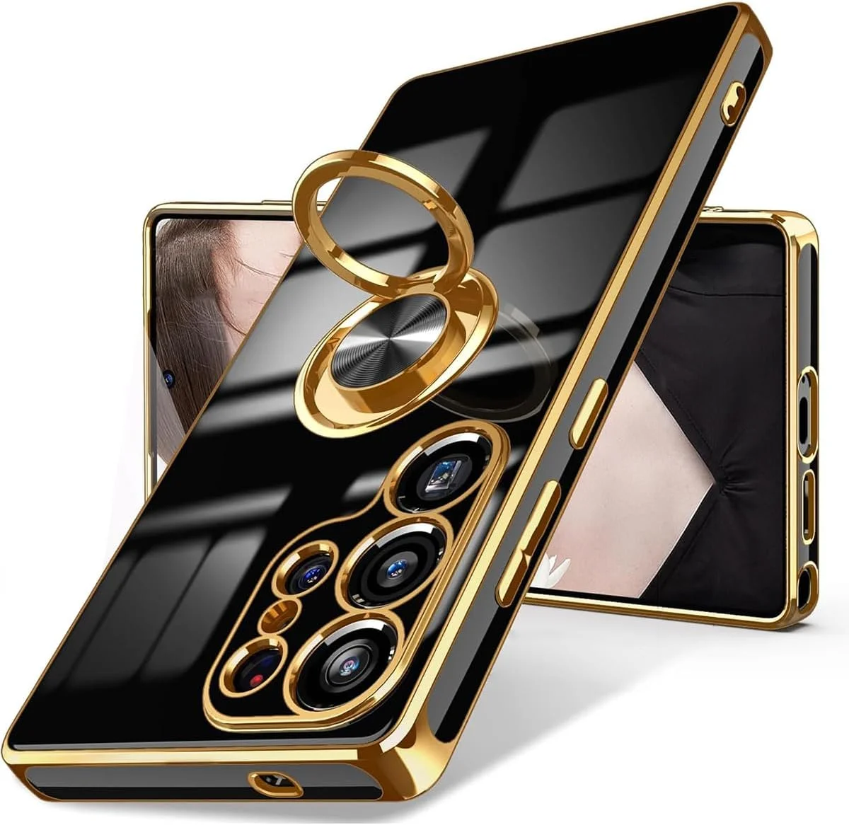 قاب گوشی سامسونگ گلکسی S25 Ultra با حلقه نگهدارنده چرخان 360 درجه، پشتیبانی از پایه نگهدارنده مغناطیسی خودرو، روکش طلایی براق، باریک و نرم TPU ضد خش مناسب برای بانوان و دختران (مشکی، S25 Ultra) قاب گوشی سامسونگ گلکسی S25 Ultra با حلقه نگهدارنده چرخان 360 درجه، پشتیبانی از پایه نگهدارنده مغناطیسی خودرو، روکش طلایی براق، باریک و نرم TPU ضد خش مناسب برای بانوان و دختران (مشکی، S25 Ultra)