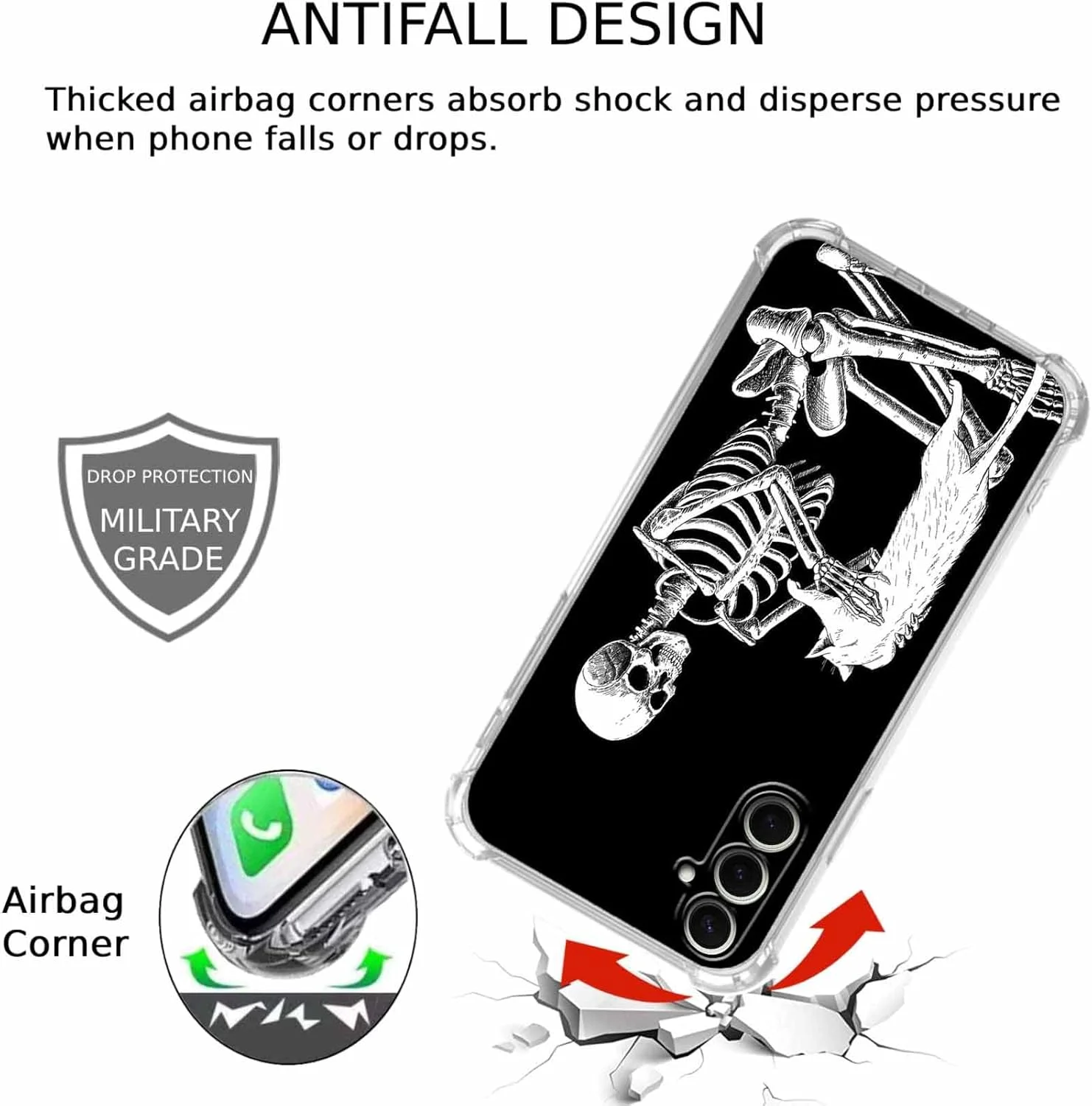 کاور گوشی سامسونگ گلکسی A15 با طرح اسکلت، طرح جالب اسکلت و گربه برای آقایان و بانوان، کاور باریک و شفاف TPU نرم، 6.5 اینچ (اسکلت، A15)