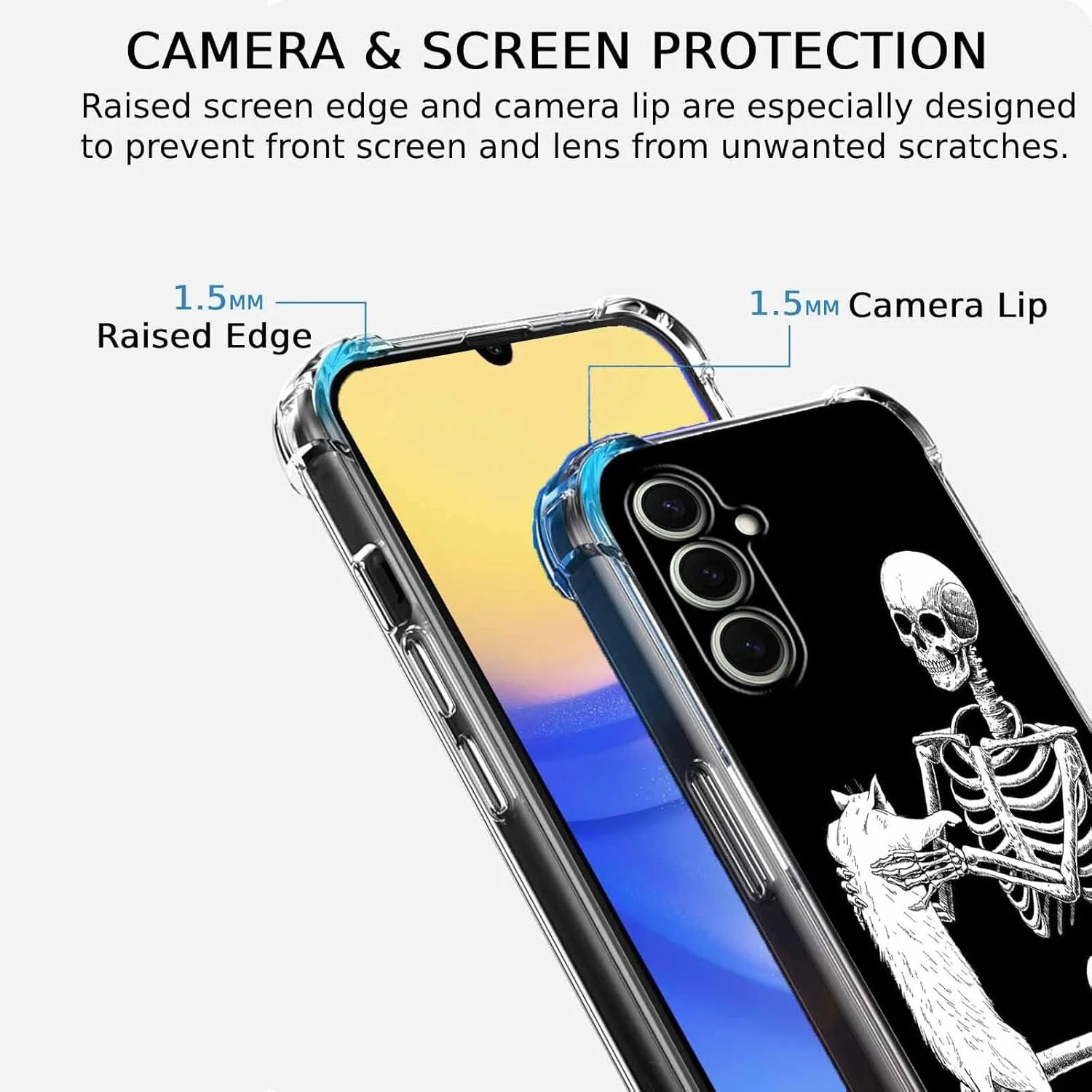 کاور گوشی سامسونگ گلکسی A15 با طرح اسکلت، طرح جالب اسکلت و گربه برای آقایان و بانوان، کاور باریک و شفاف TPU نرم، 6.5 اینچ (اسکلت، A15)