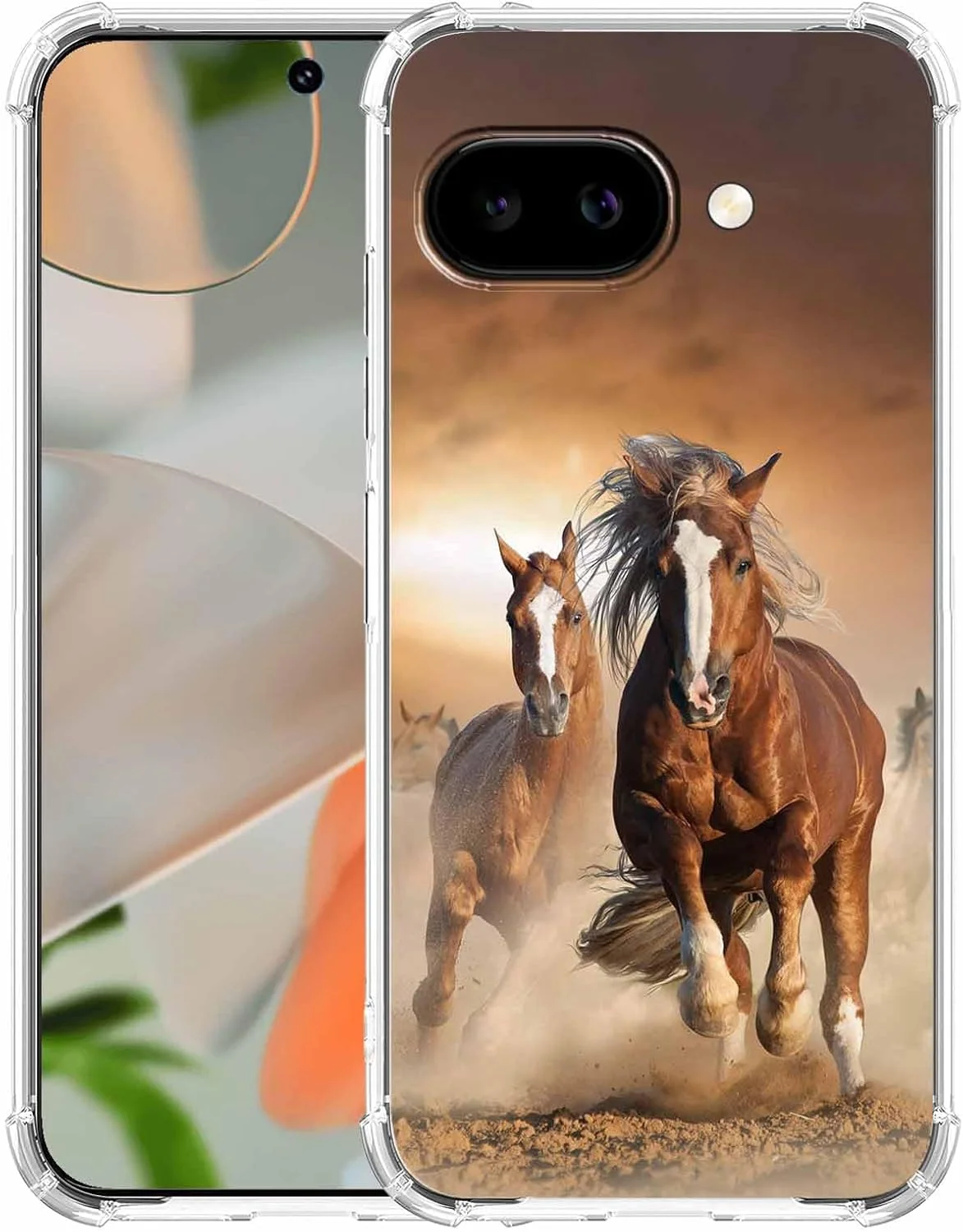 قاب گوشی گوگل پیکسل 9a با طرح اسب، الگوی حیوانات دونده قهوه ای، کاور شفاف و باریک TPU نرم، 6.3 اینچ (اسب، P9a)
