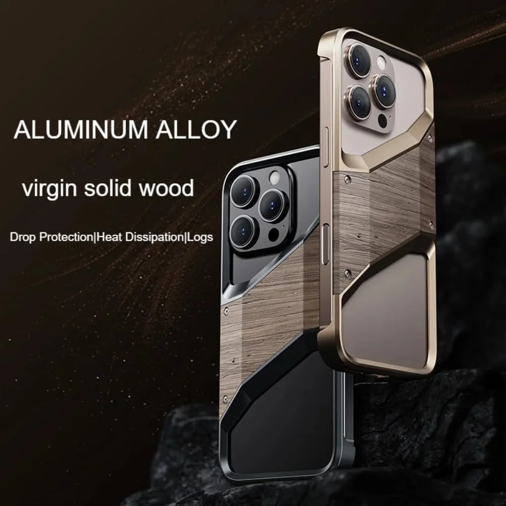 قاب گوشی آیفون 16 با فریم فلزی نامنظم، آلیاژ آلومینیوم، بدون فریم، چوب جامد و ضد ضربه (خاکستری)