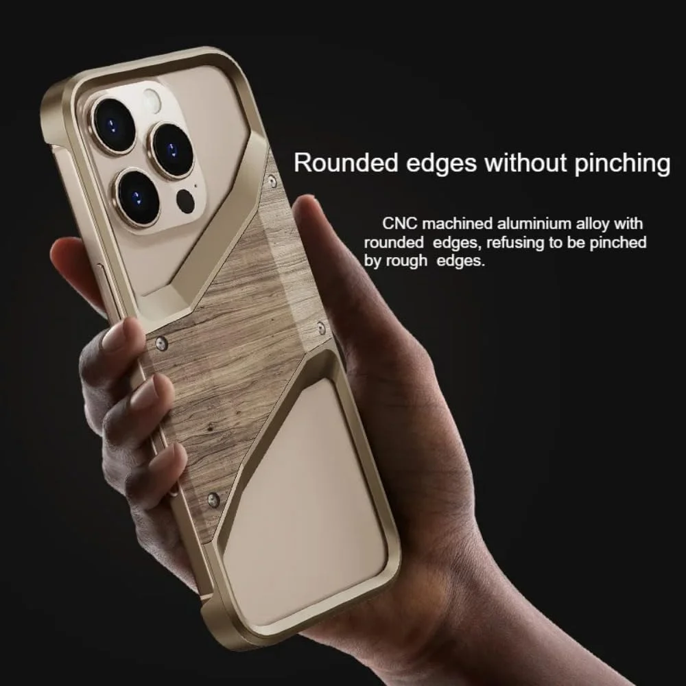 قاب گوشی آیفون 16 با فریم فلزی نامنظم، آلیاژ آلومینیوم، بدون فریم، چوب جامد و ضد ضربه (خاکستری)