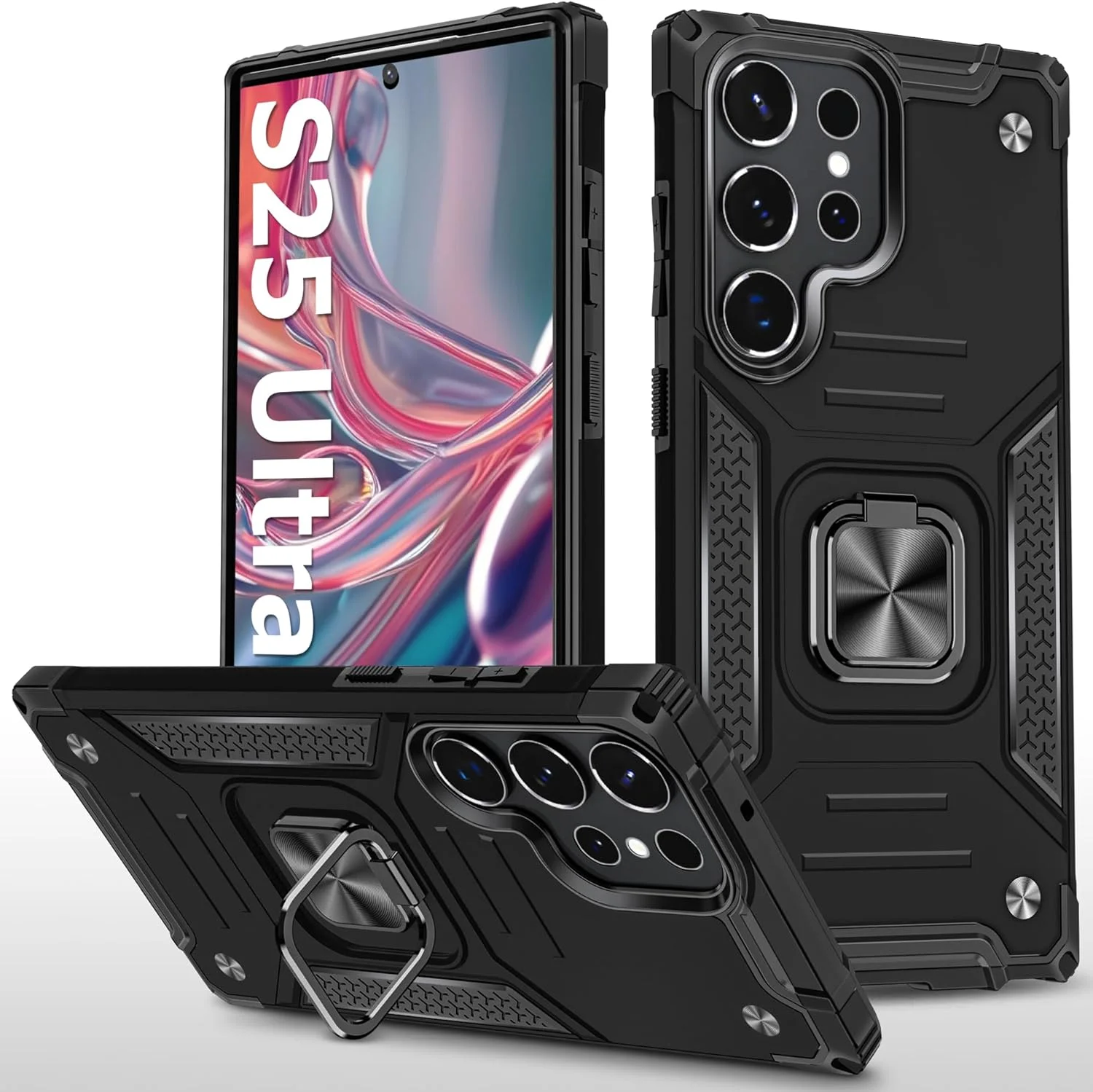 قاب محافظ مقاوم و ضد ضربه برای گوشی سامسونگ گلکسی S25 Ultra 5G با حلقه فلزی 360 درجه و پایه استند و پوشش مغناطیسی (مشکی)