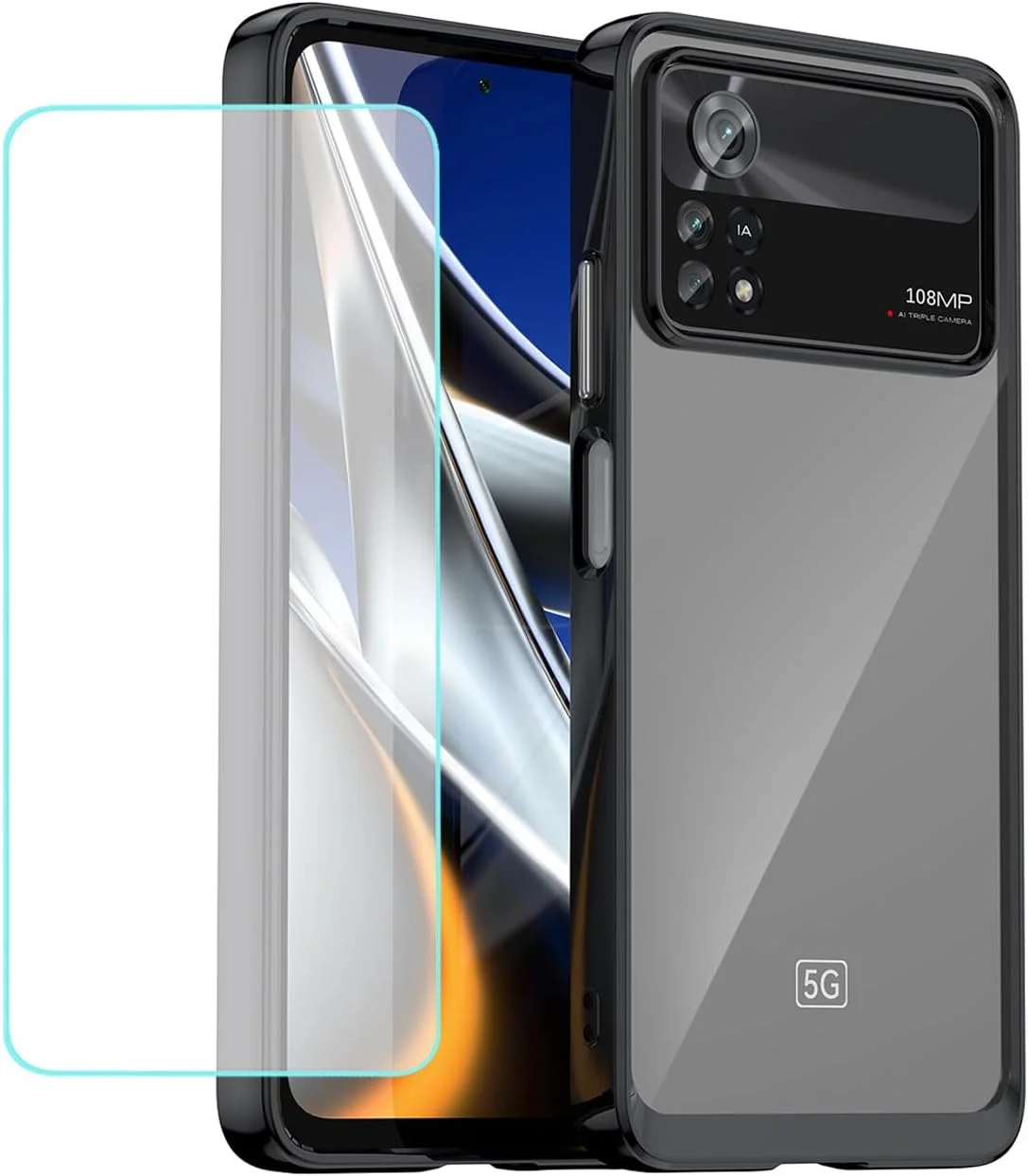 قاب محافظ گوشی شیائومی پوکو X4 پرو 5G مدل 2201116PG به همراه محافظ صفحه نمایش شیشه ای، ضد زردی، پشت PC سخت شفاف و بامپر TPU محافظ گوشی - مشکی کریستالی