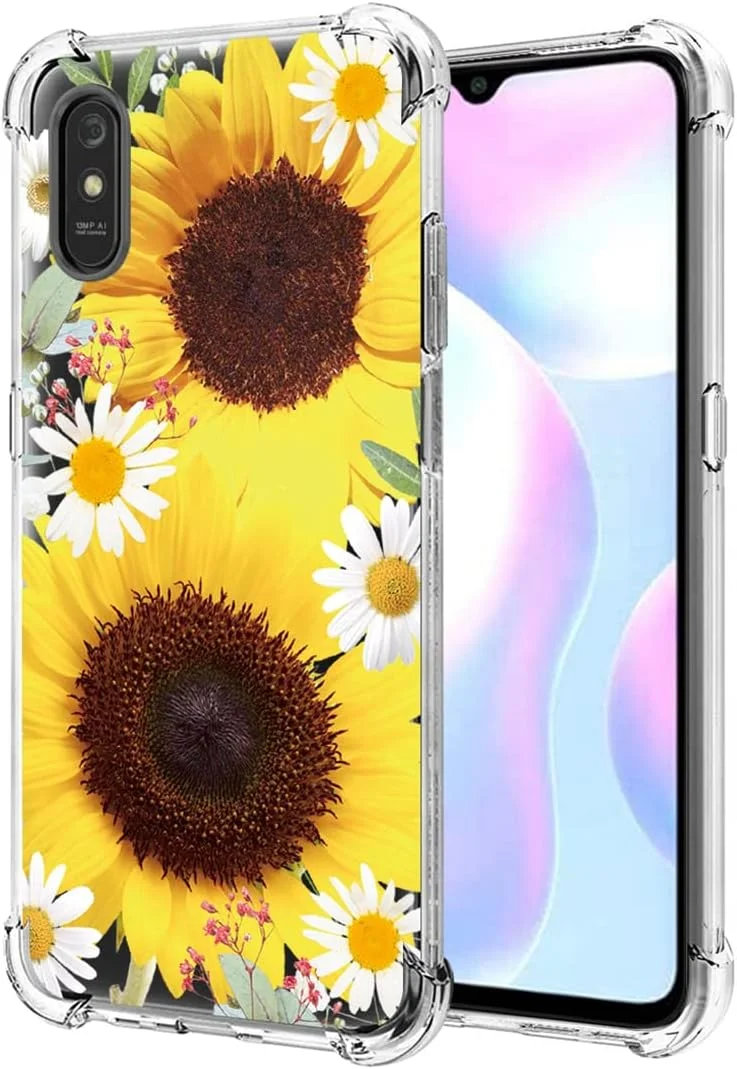 قاب گوشی برای ردمی 9A M2006C3LG / ردمی 9i M2006C3LII، قاب محافظ نرم و شفاف TPU برای دختران و زنان، کاور محافظ شفاف برای شیائومی ردمی 9A (آفتابگردان)
