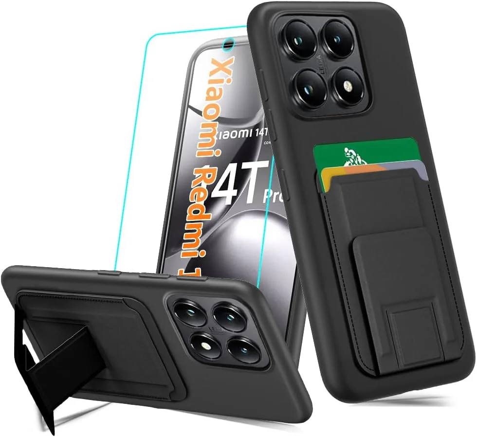 کاور محافظ گوشی شیائومی ردمی 14T Pro 5G مدل 2024 به همراه محافظ صفحه نمایش شیشه ای، دارای جای کارت تاشو، استند و کیف پول - مشکی