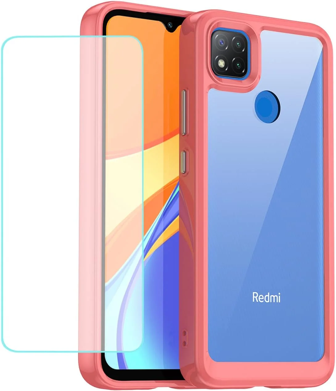 کاور محافظ گوشی شیائومی ردمی 9C/ ردمی 10A/ ردمی 9C NFC/ ردمی 9 Activ به همراه محافظ صفحه نمایش شیشه ای حرارت دیده، پشت PC سخت شفاف و بامپر TPU نرم، رنگ قرمز کریستالی