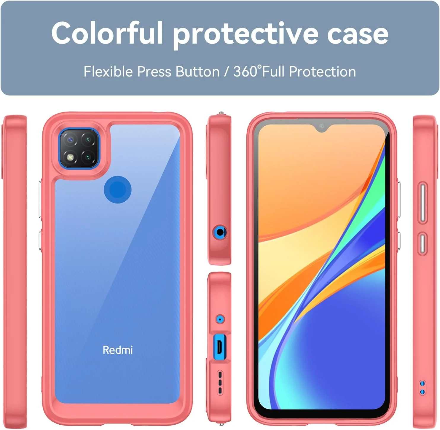 کاور محافظ گوشی شیائومی ردمی 9C/ ردمی 10A/ ردمی 9C NFC/ ردمی 9 Activ به همراه محافظ صفحه نمایش شیشه ای حرارت دیده، پشت PC سخت شفاف و بامپر TPU نرم، رنگ قرمز کریستالی