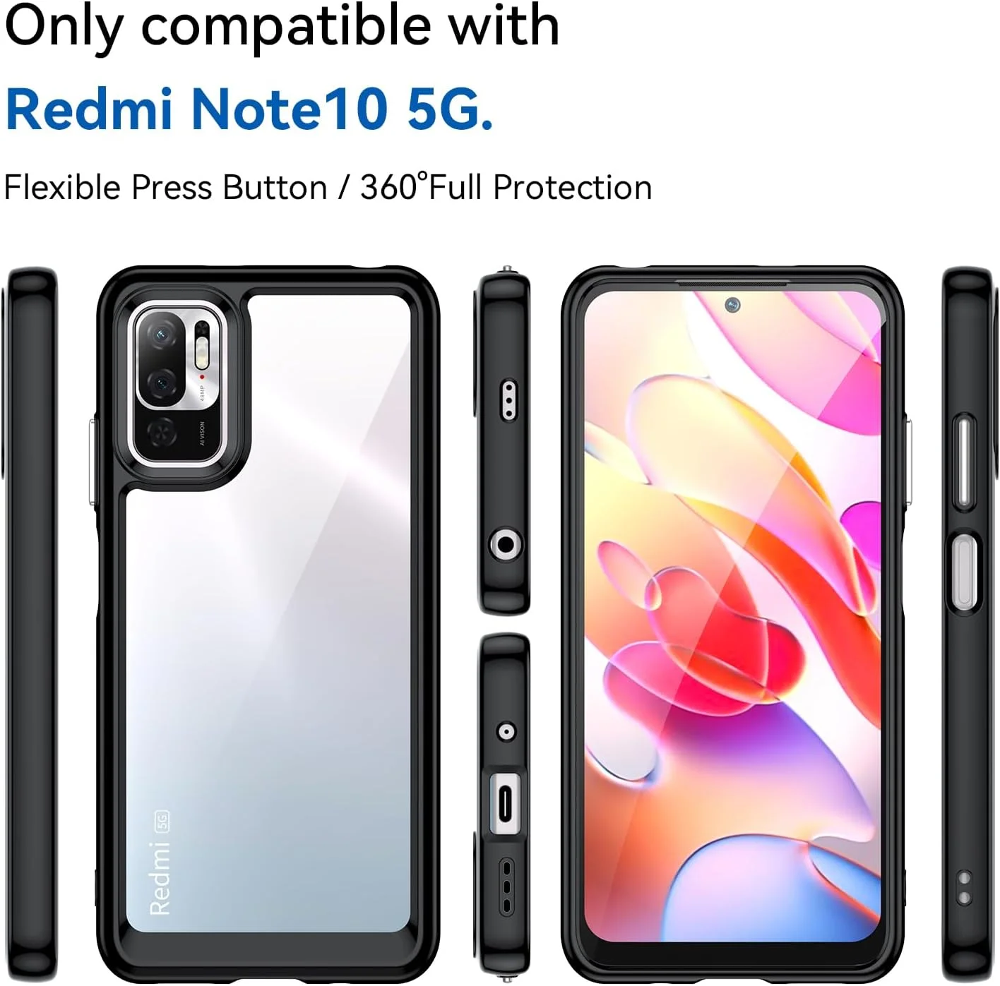 قاب محافظ گوشی شیائومی ردمی نوت 10 5G / نوت 10T 5G / پوکو M3 پرو به همراه محافظ صفحه نمایش شیشه ای، پشت PC سخت شفاف و بامپر TPU محافظ برای شیائومی ردمی نوت 10 5G، مشکی کریستالی