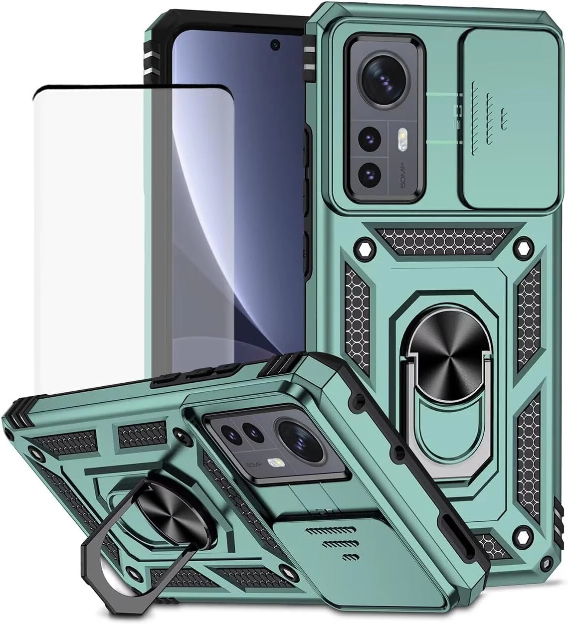 قاب محافظ گوشی شیائومی Mi 12 5G / Mi 12X، مدل 2112123AC 2201123C به همراه محافظ صفحه نمایش شیشه ای و پوشش کشویی دوربین، دارای حلقه چرخان 360 درجه و پوشش مغناطیسی - سبز