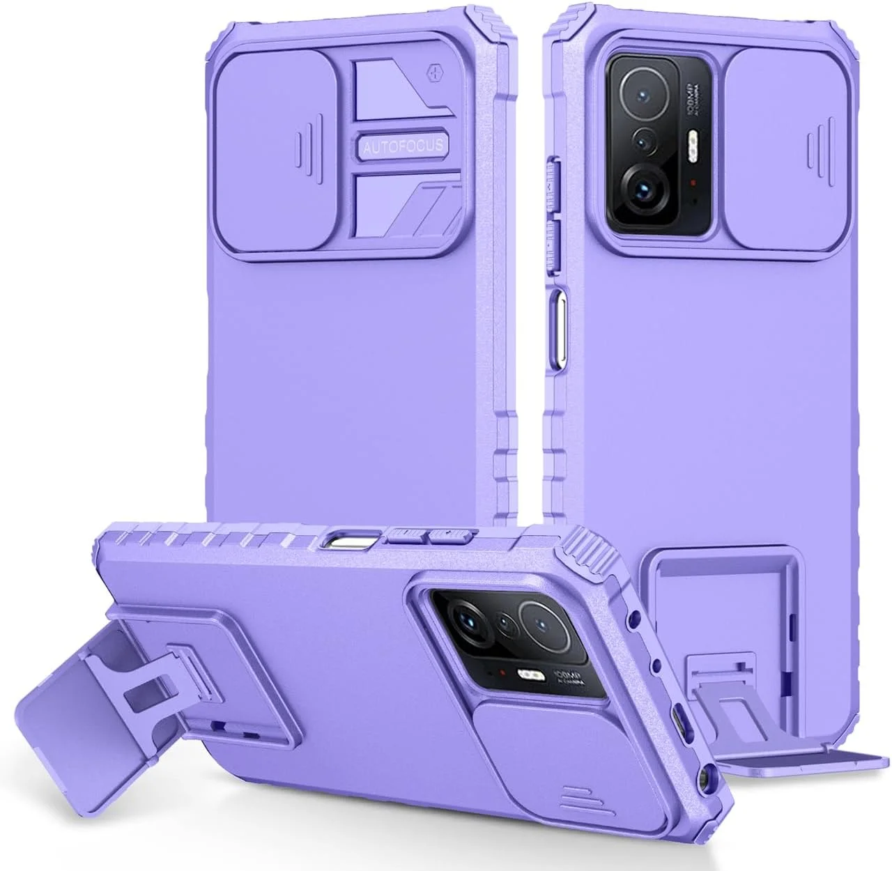 کاور محافظ ضد ضربه و مقاوم با استند و محافظ لنز کشویی دوربین برای گوشی شیائومی Mi 11T 5G / Mi 11T Pro 5G مدل 21081111RG - بنفش