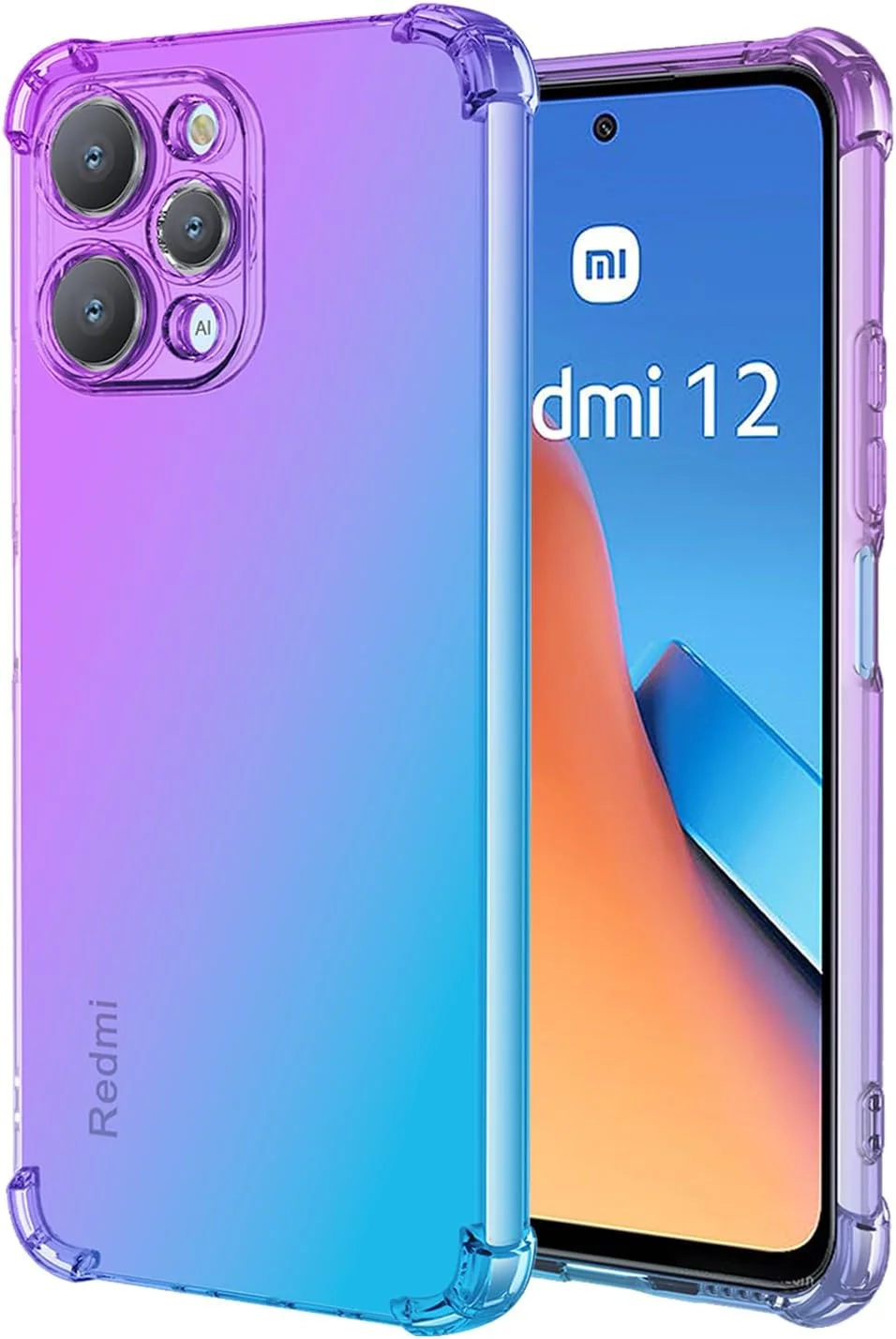 قاب گوشی برای ردمی 12، قاب 23053RN02A، کاور محافظ گوشی پشتی TPU باریک و مقاوم در برابر ضربه با گرادیان شفاف و زیبا برای شیائومی ردمی 12 4G بنفش/آبی