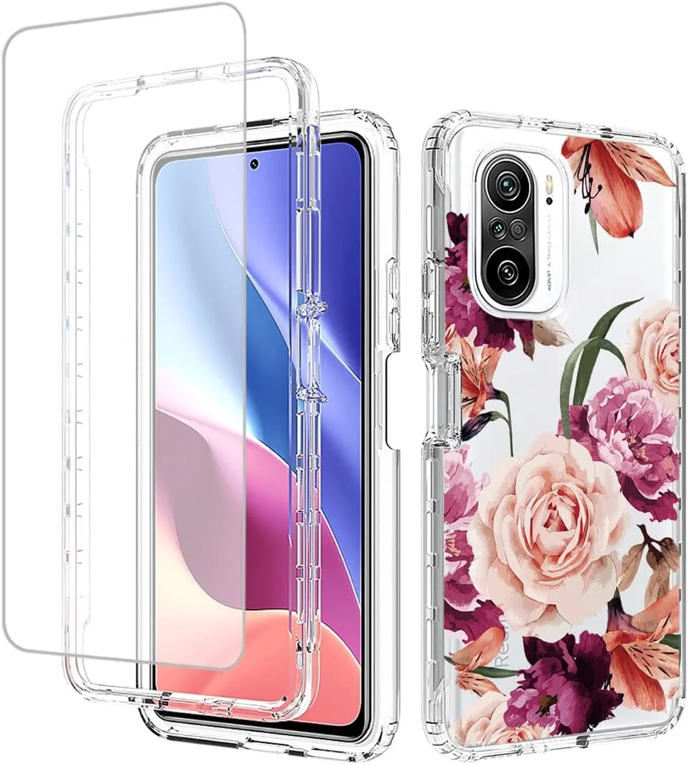 کاور محافظ گوشی شیائومی پوکو F3 5G/Mi 11X 5G/Redmi K40 5G/Redmi K40 Pro به همراه محافظ صفحه نمایش شیشه ای، کاور محافظ تمام بدنه شفاف با طرح گل برای گوشی شیائومی Redmi K40 (گل بنفش)