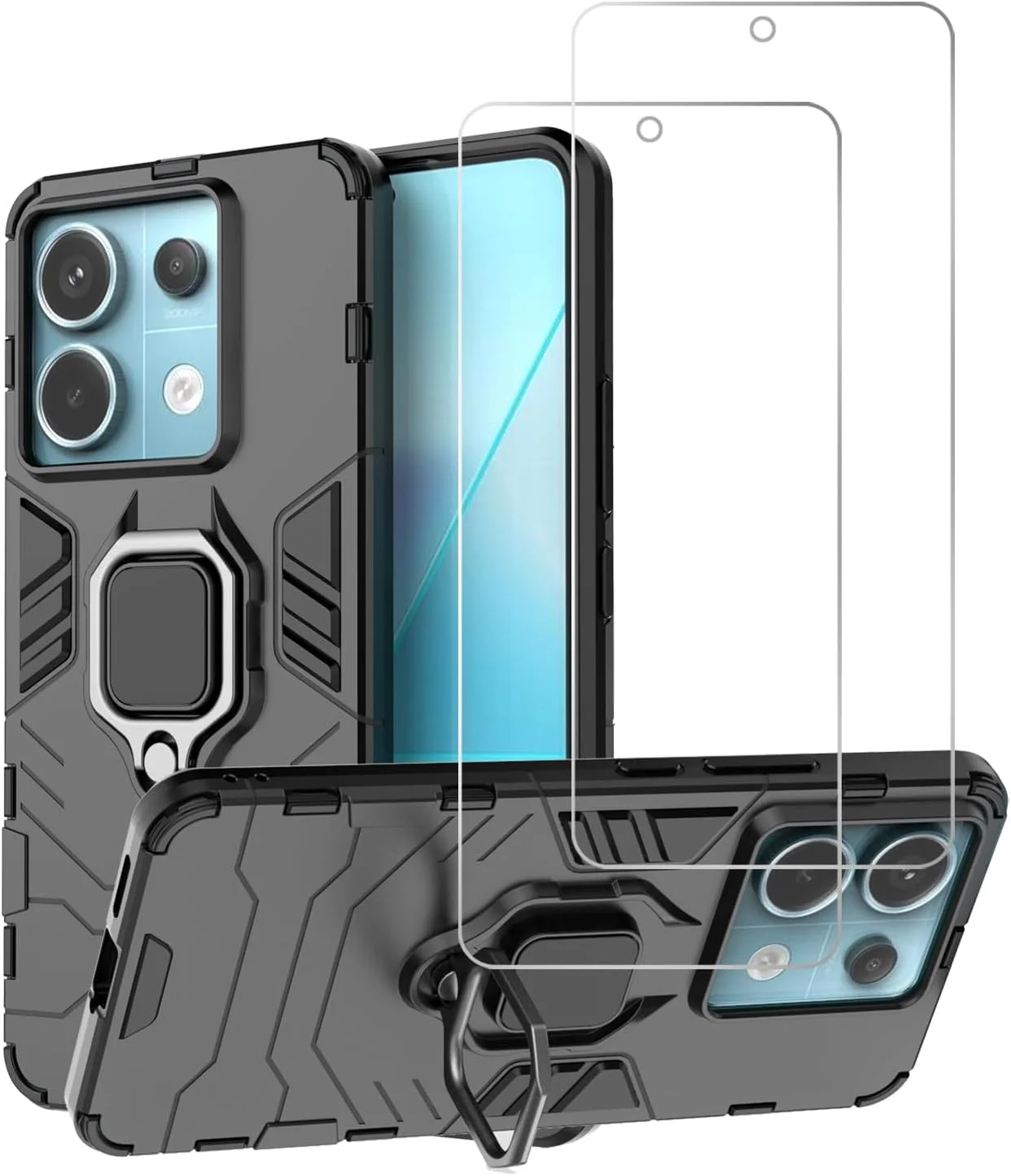 کاور محافظ اورسپاسول برای گوشی شیائومی ردمی نوت 13 پرو 5G (نه 4G) به همراه محافظ صفحه نمایش شیشه ای حرارت دیده، کاور محافظ زرهی مقاوم با استند انگشتی 360 درجه (مشکی)