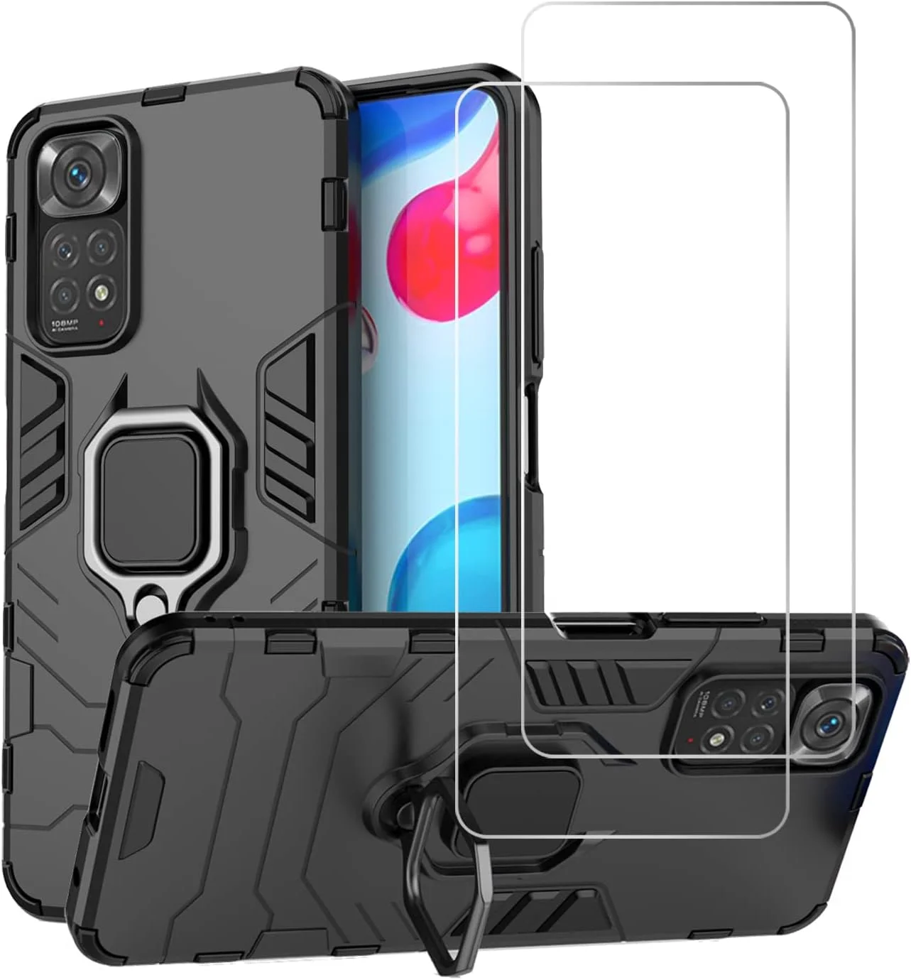 کاور محافظ اورسپاسول برای گوشی شیائومی ردمی نوت 11 / نوت 11S (غیر 5G) به همراه محافظ صفحه نمایش شیشه ای حرارت دیده، کاور محافظ زرهی مقاوم با استند انگشتی 360 درجه (مشکی)