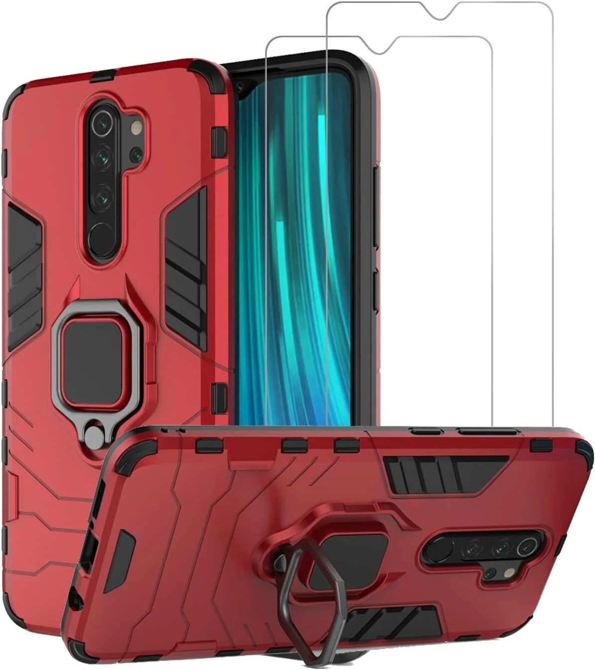 کاور محافظ اورسپاسول برای گوشی شیائومی ردمی نوت 8 پرو به همراه محافظ صفحه نمایش شیشه ای، کاور ضربه گیر محافظ زرهی سنگین با پایه انگشتی 360 درجه (قرمز)