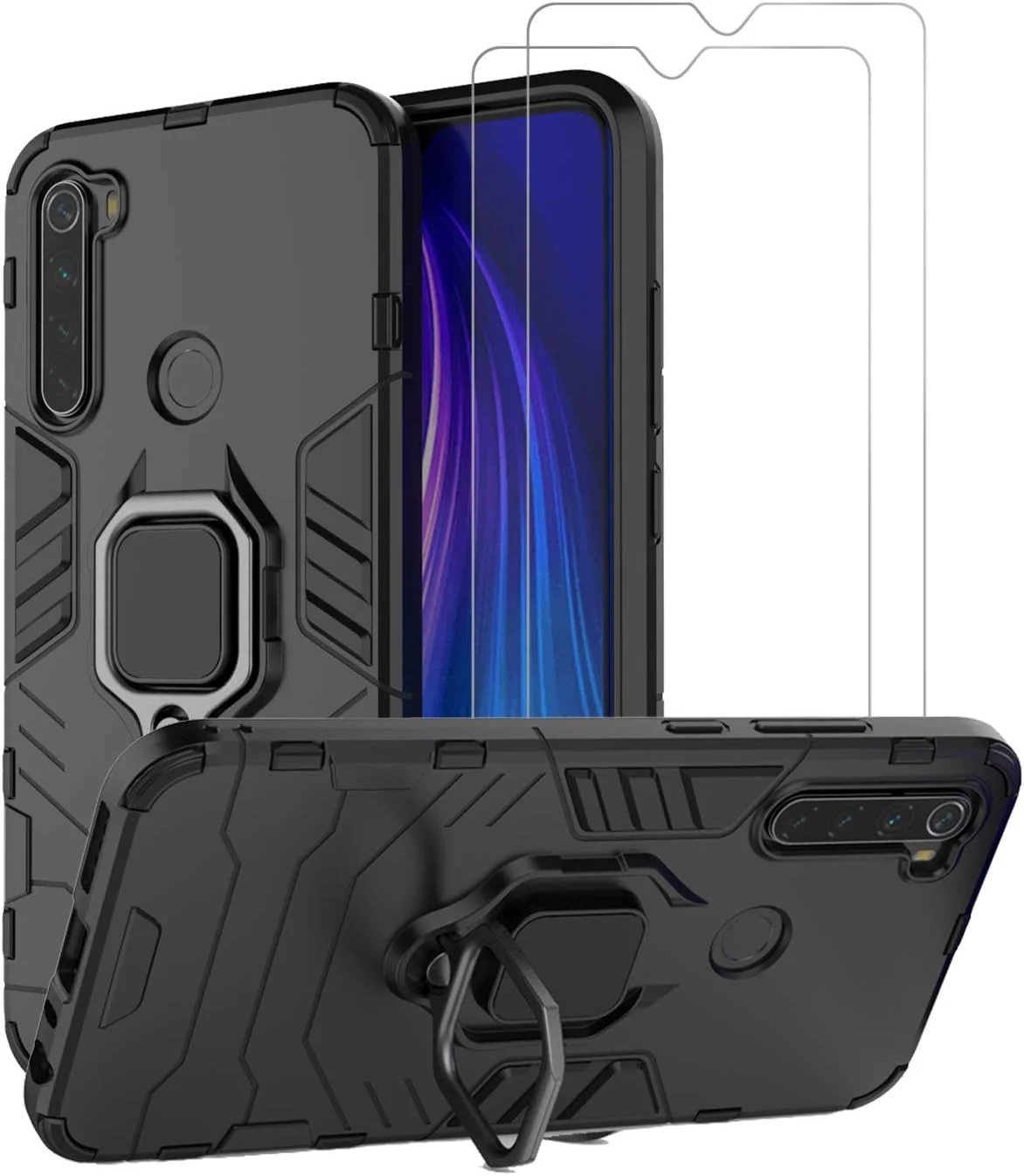 قاب محافظ اورسپاسول برای گوشی شیائومی ردمی نوت 8 به همراه محافظ صفحه نمایش شیشه ای، کاور محافظ زرهی مقاوم با استند انگشتی 360 درجه (مشکی)