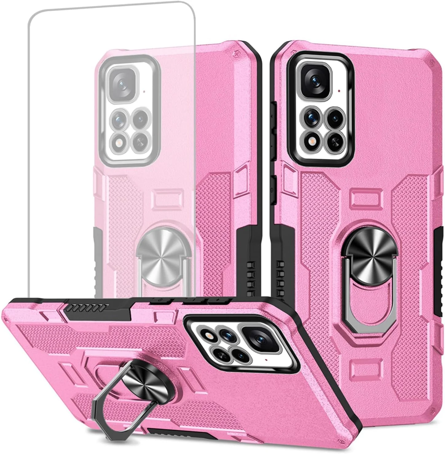 کاور محافظ گوشی شیائومی ردمی نوت 11 پرو 4G/5G/ردمی نوت 11E پرو/ردمی نوت 12 پرو 4G به همراه محافظ صفحه نمایش شیشه ای، دارای حلقه فلزی و استند مغناطیسی - رنگ صورتی