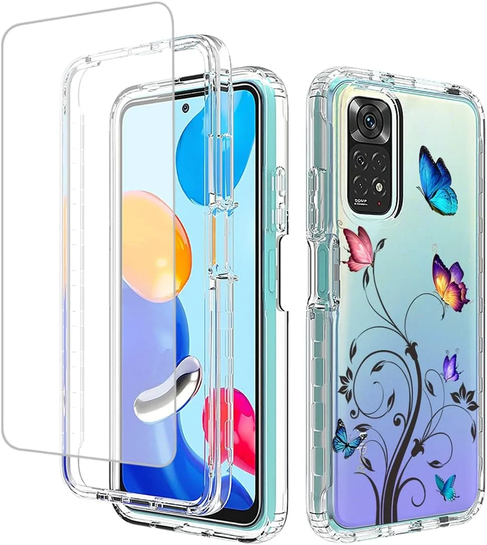 کاور محافظ گوشی شیائومی ردمی نوت 11 (4G) / ردمی نوت 11S با محافظ صفحه نمایش شیشه ای، طرح پروانه شفاف، محافظت کامل از بدنه گوشی برای شیائومی ردمی نوت 11 (درخت پروانه)