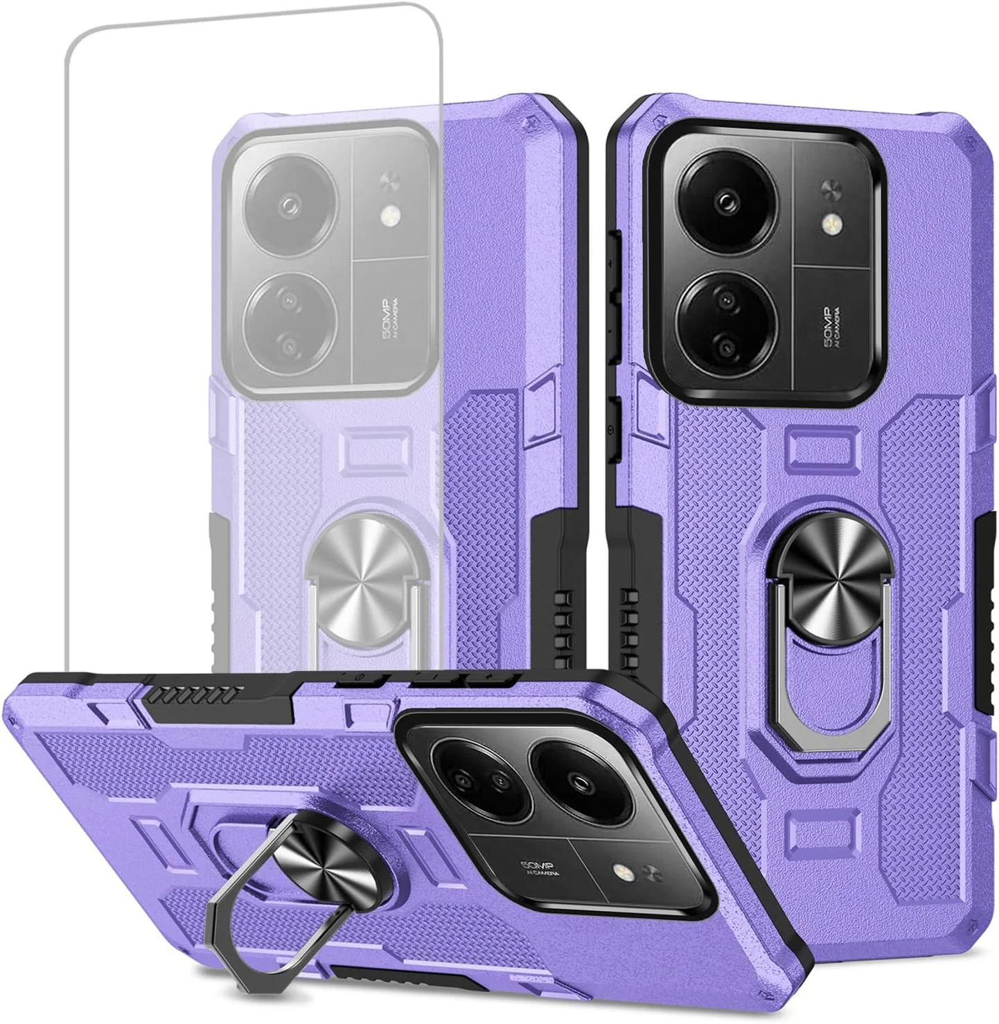 قاب محافظ گوشی ردمی 13C 4G/پوکو C65، محافظت سنگین با حلقه فلزی و پایه مغناطیسی، به همراه محافظ صفحه نمایش شیشه ای برای شیائومی ردمی 13C 4G - بنفش