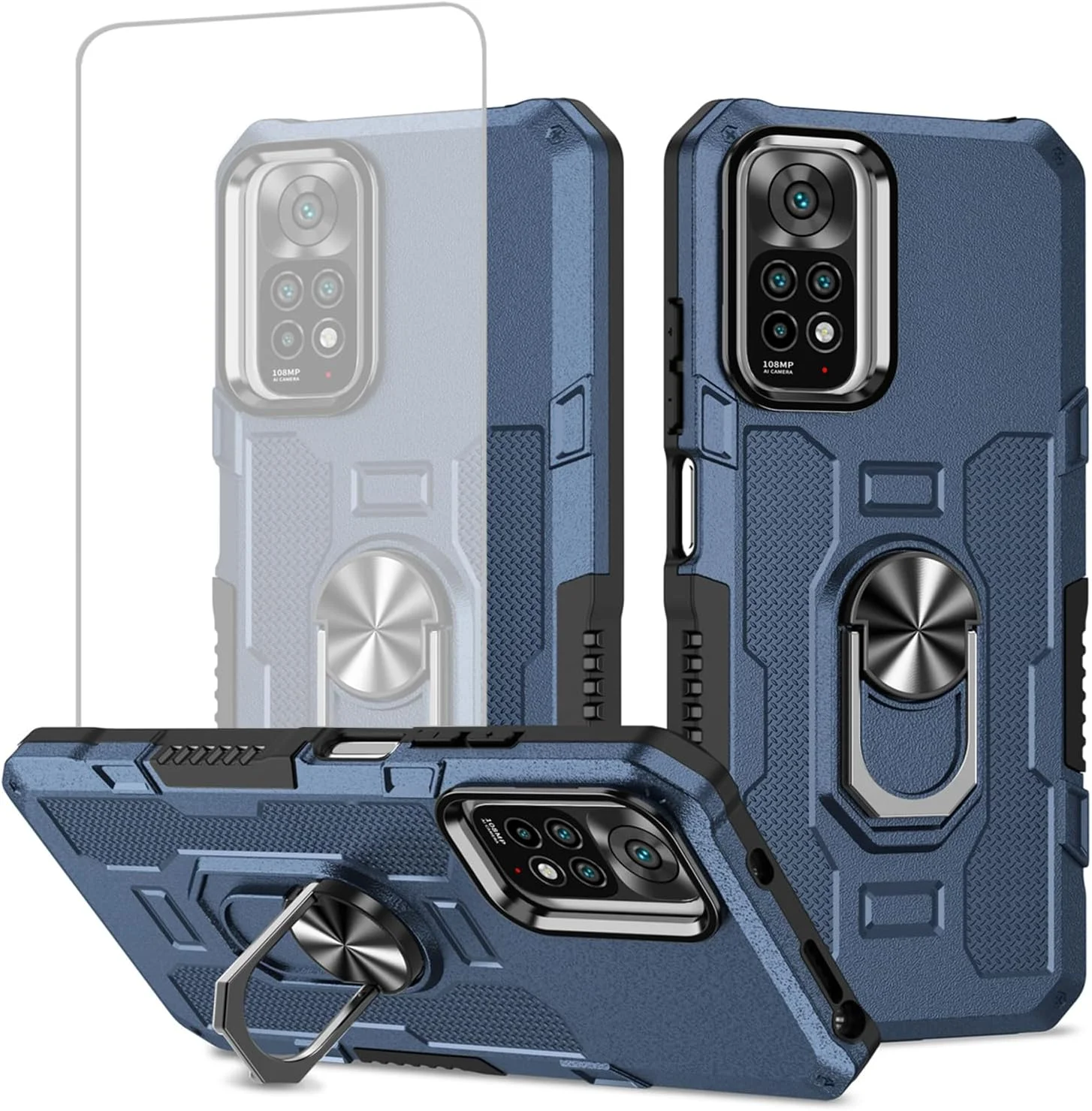 قاب گوشی برای ردمی نوت 11، قاب گوشی ردمی نوت 11S/ردمی نوت 12S به همراه محافظ صفحه نمایش شیشه ای حرارت دیده، کاور گوشی دارای حلقه فلزی مقاوم و استند مغناطیسی برای شیائومی ردمی نوت 11S - آبی