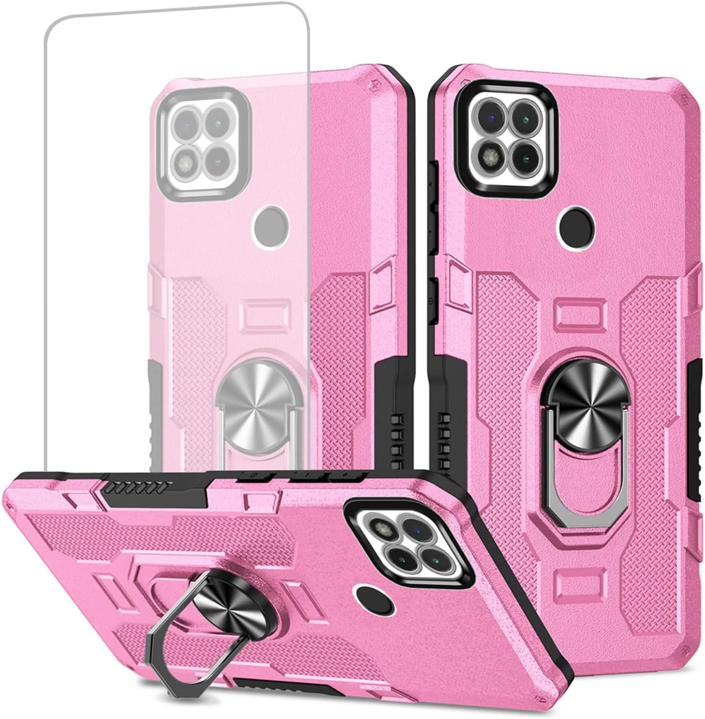 قاب محافظ گوشی شیائومی ردمی 9C/ ردمی 10A/ ردمی 9C NFC/ ردمی 9 اکتیو به همراه محافظ صفحه نمایش شیشه ای، حلقه فلزی مقاوم و استند مغناطیسی، رنگ صورتی