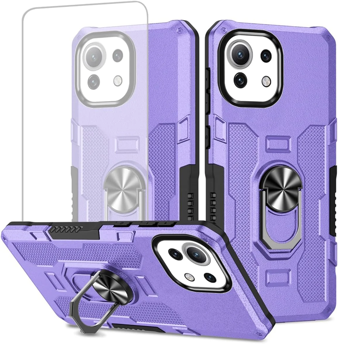 قاب محافظ گوشی شیائومی 11 لایت (4G/5G)/11 لایت 5G NE/Mi 11 Youth M2101K9AG به همراه محافظ صفحه نمایش شیشه ای، حلقه فلزی مقاوم و پایه مغناطیسی، رنگ بنفش