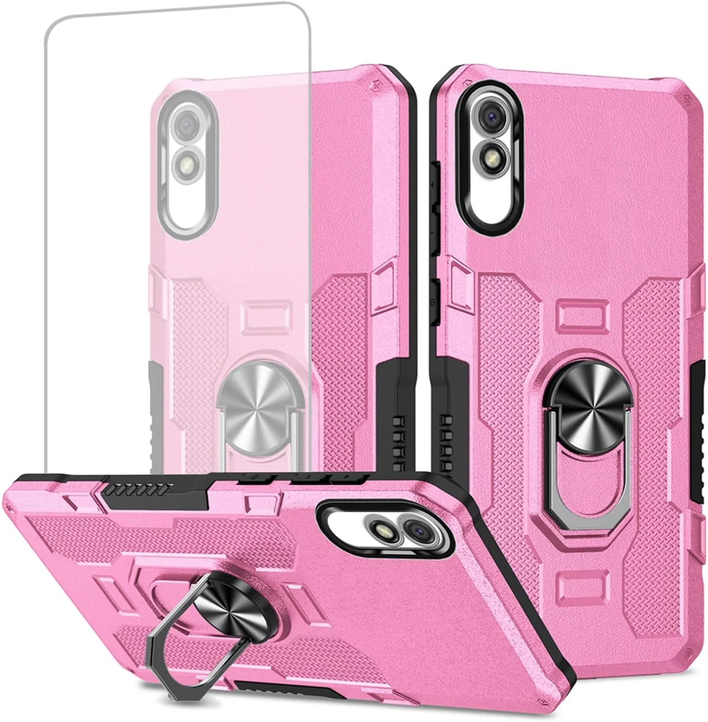 قاب محافظ گوشی شیائومی ردمی 9A/ ردمی 9i/ ردمی 9AT مدل M2006C3LG به همراه محافظ صفحه نمایش شیشه ای، محافظت سنگین با حلقه فلزی و پایه مغناطیسی، رنگ صورتی