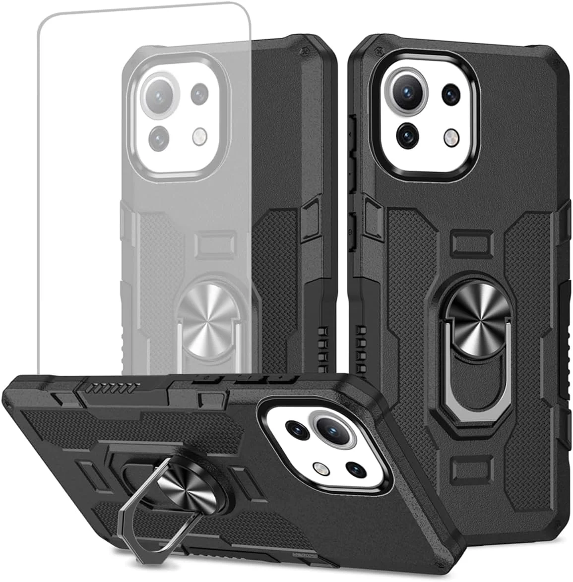 قاب محافظ گوشی شیائومی 11 لایت (4G/5G)/11 لایت 5G NE/Mi 11 Youth M2101K9AG به همراه محافظ صفحه نمایش شیشه ای، حلقه فلزی مقاوم و استند مغناطیسی، مشکی