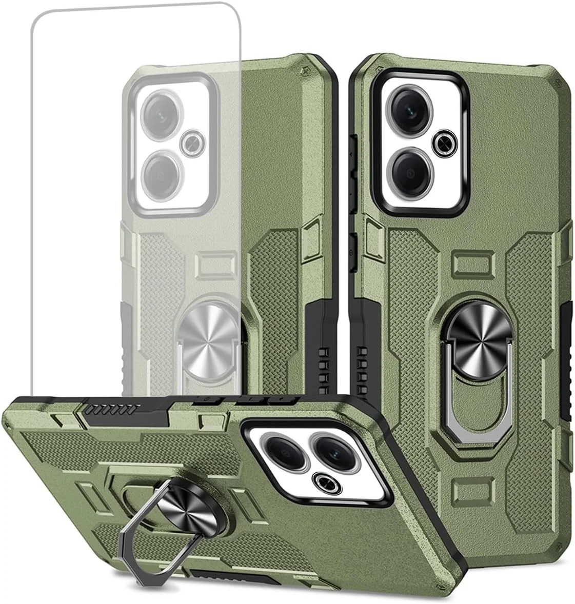 قاب محافظ گوشی ردمی 13 4G مدل 2404ARN45A به همراه محافظ صفحه نمایش شیشه ای، محافظت سنگین با حلقه فلزی و استند مغناطیسی، مناسب برای گوشی شیائومی ردمی 13 4G - سبز