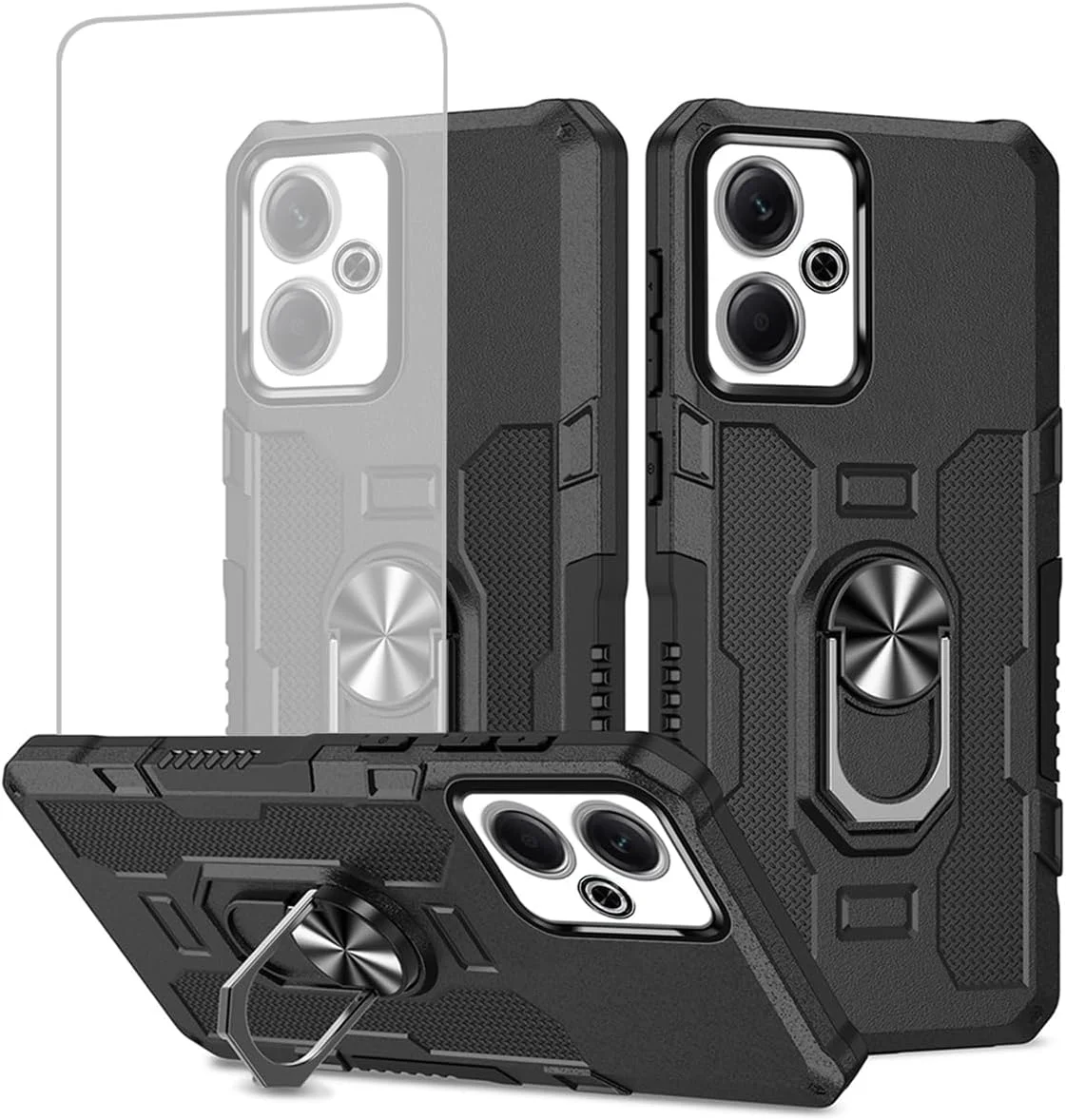 کاور محافظ گوشی ردمی 13 4G مدل 2404ARN45A به همراه محافظ صفحه نمایش شیشه ای، محافظت سنگین با حلقه فلزی مغناطیسی، مناسب برای گوشی شیائومی ردمی 13 4G - مشکی