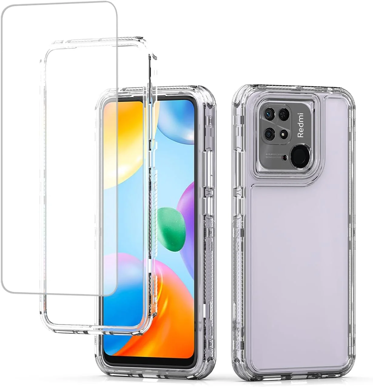 کاور محافظ گوشی ردمی 10C، کاور ردمی 10 Power مدل 220333QAG به همراه محافظ صفحه نمایش شیشه ای، کاور محافظ سه لایه شفاف و مقاوم برای گوشی شیائومی ردمی 10C