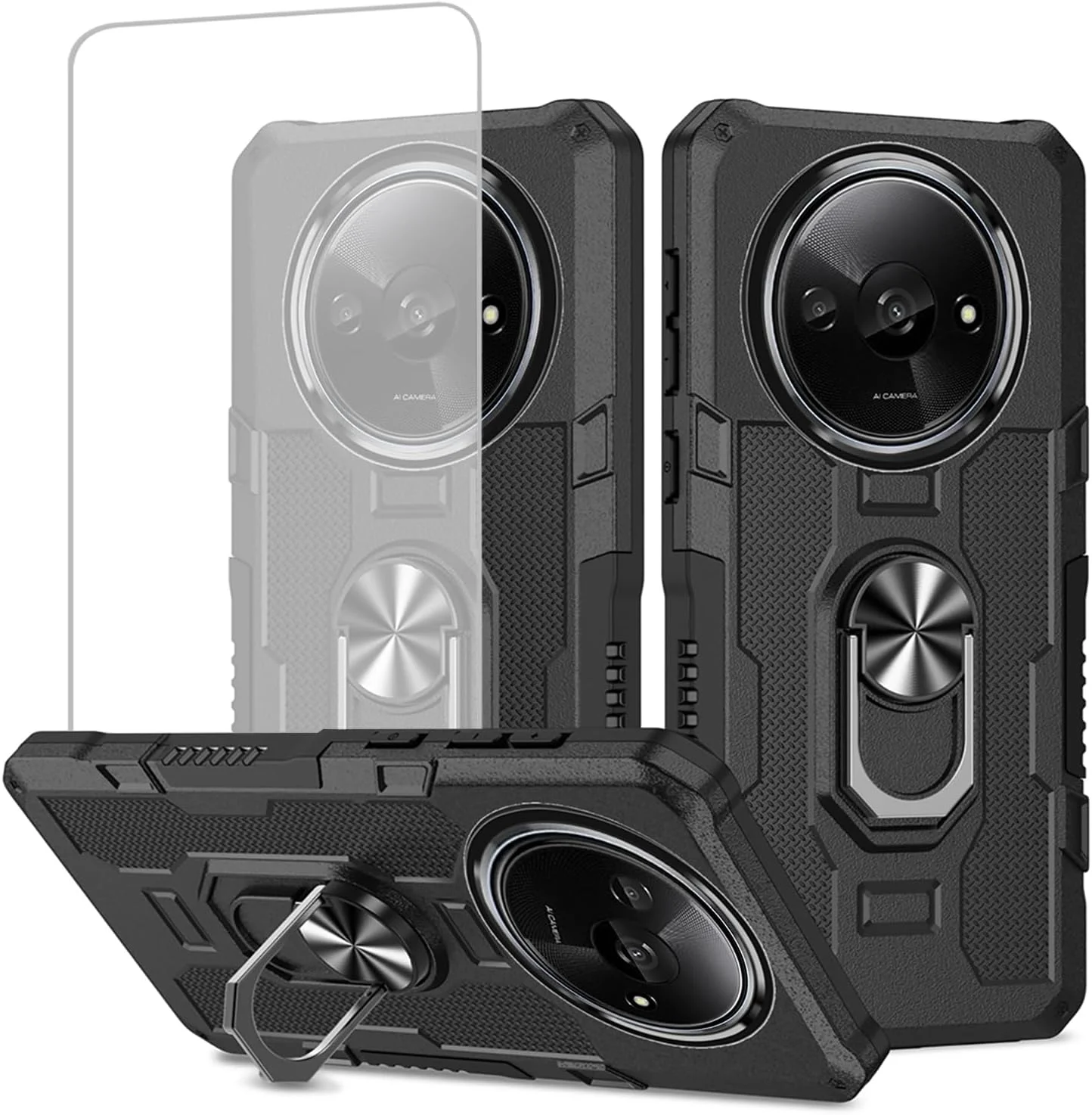 قاب محافظ گوشی شیائومی ردمی A3 مدل 23129RN51X به همراه محافظ صفحه نمایش شیشه ای، محافظت سنگین با حلقه فلزی استند مغناطیسی، کاور مشکی