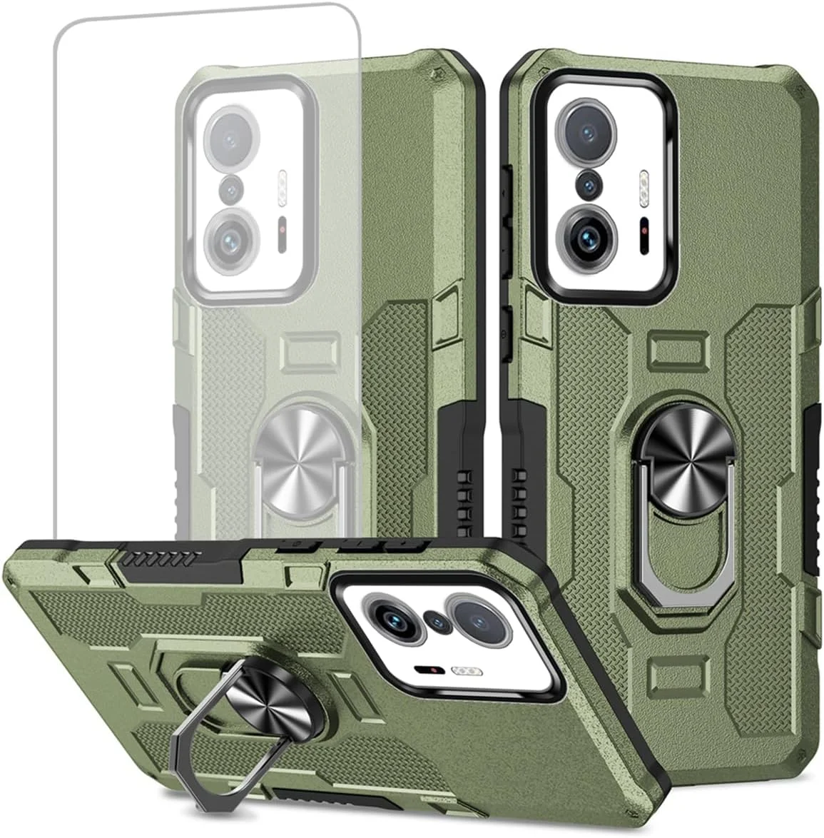 قاب محافظ گوشی شیائومی Mi 11T 5G/Mi 11T Pro 5G مدل 21081111RG به همراه محافظ صفحه نمایش شیشه ای، محافظت سنگین با حلقه فلزی و پایه مغناطیسی، رنگ سبز