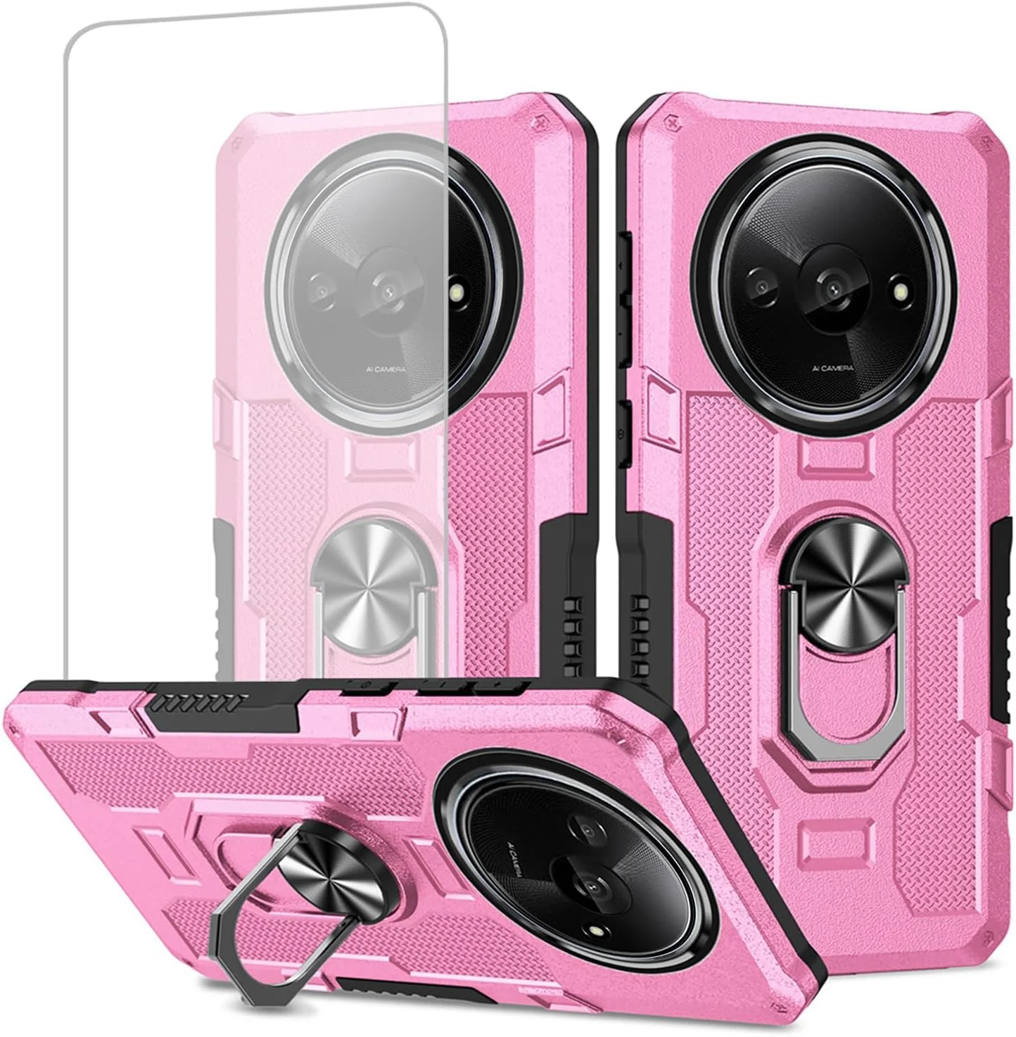 قاب محافظ گوشی شیائومی ردمی A3 مدل 23129RN51X به همراه محافظ صفحه نمایش شیشه ای، محافظت سنگین با حلقه فلزی و استند مغناطیسی، رنگ صورتی