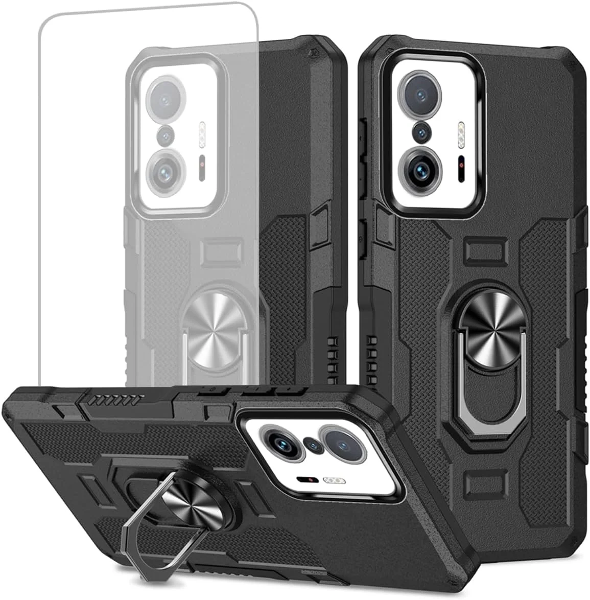 کاور محافظ گوشی شیائومی Mi 11T 5G/Mi 11T Pro 5G مدل 21081111RG به همراه محافظ صفحه نمایش شیشه ای، محافظت سنگین با حلقه فلزی و استند مغناطیسی، مشکی