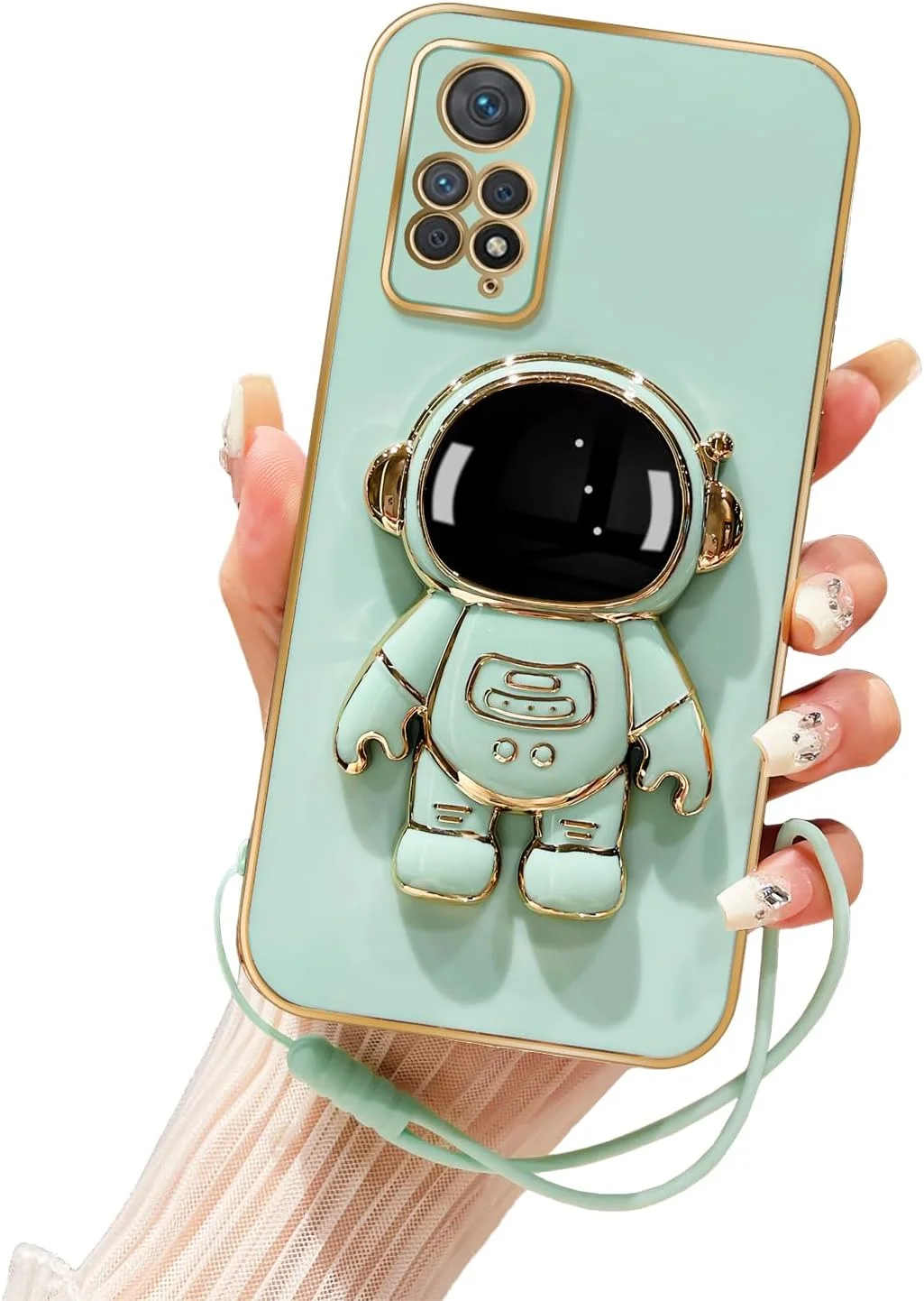 قاب گوشی شیائومی ردمی نوت 11 پرو (مناسب برای مدل پلاس وریزون نیست)، قاب فضانورد 6 بعدی با عملکرد استند، به همراه بند گردنی، روکش آبکاری لوکس برای قاب ردمی نوت 11 پرو 5G سایز 6.67 اینچ، فیروزه ای