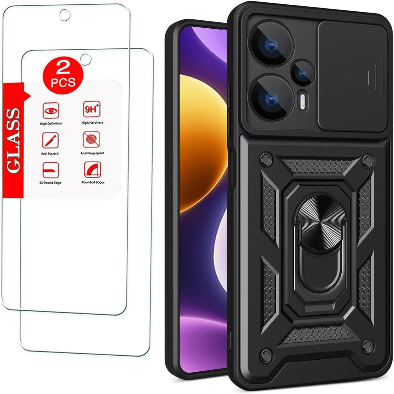 قاب محافظ گوشی شیائومی پوکو F5 5G به همراه [2 عدد] محافظ صفحه نمایش شیشه ای حرارت دیده، محافظ زرهی مقاوم [درجه نظامی] برای شیائومی پوکو F5، دارای محافظ لنز، پایه مغناطیسی و قابلیت نصب روی هولدر ماشین