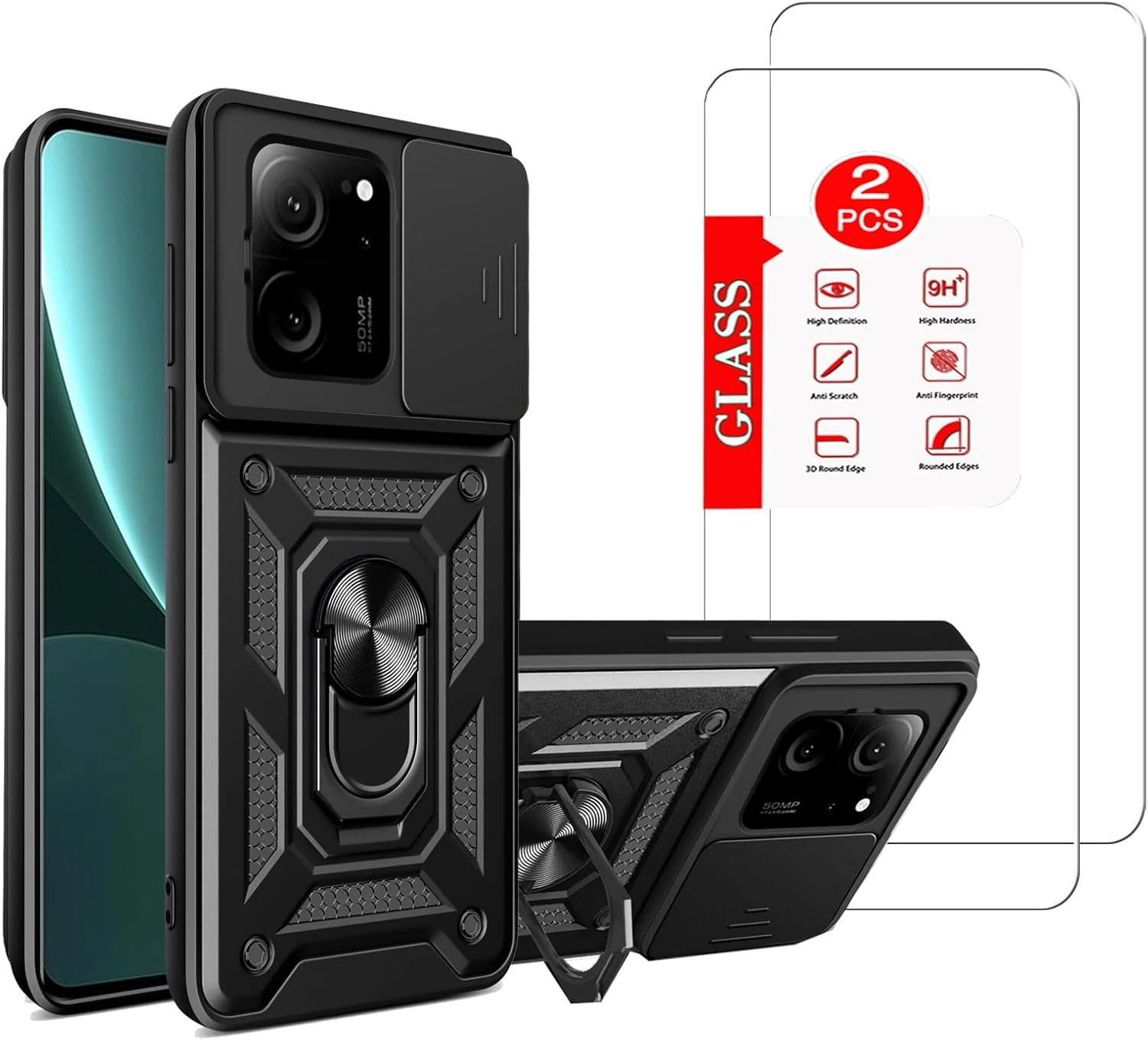 قاب محافظ گوشی شیائومی ۱۳ تی / ۱۳ تی پرو به همراه [۲ عدد] محافظ صفحه نمایش شیشه ای، قاب محافظ گوشی شیائومی ۱۳ تی پرو، محافظ لنز، دارای پایه مغناطیسی مناسب برای هولدر ماشین